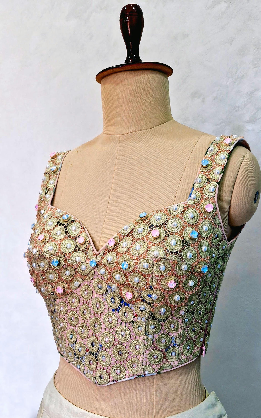 Peach Gold Hand Embroidered Georgette Corset Blouse Sleeveless DVCB_015