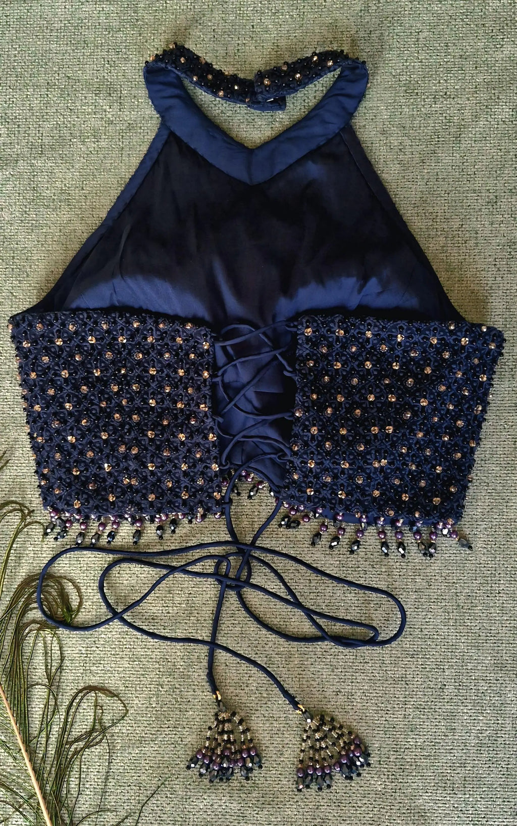 Navy Blue Hand Embroidered Georgette Saree Blouse, Beads Embellished, Halter Neck DVBL_501