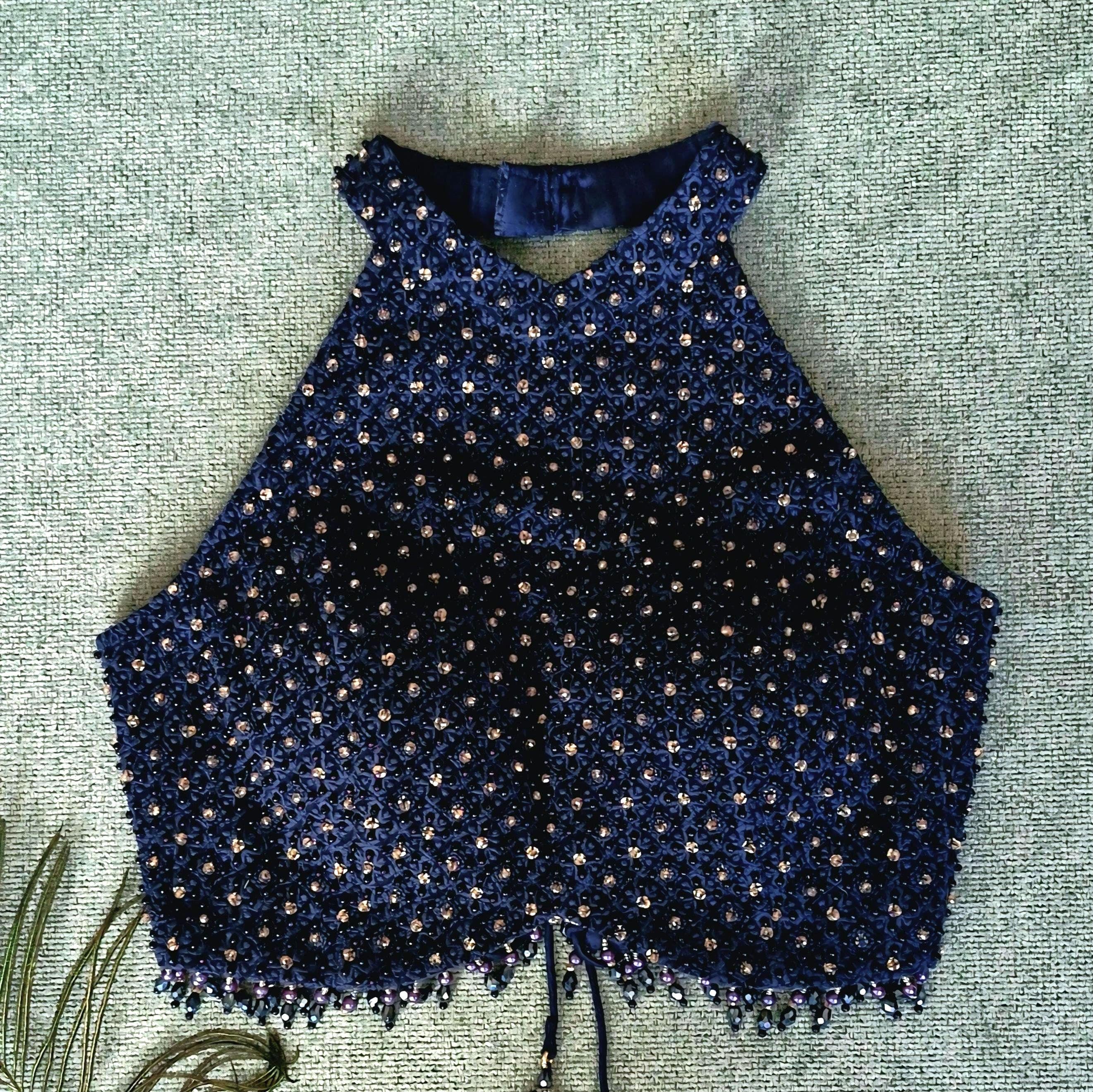 Navy Blue Hand Embroidered Georgette Saree Blouse, Beads Embellished, Halter Neck DVBL_501