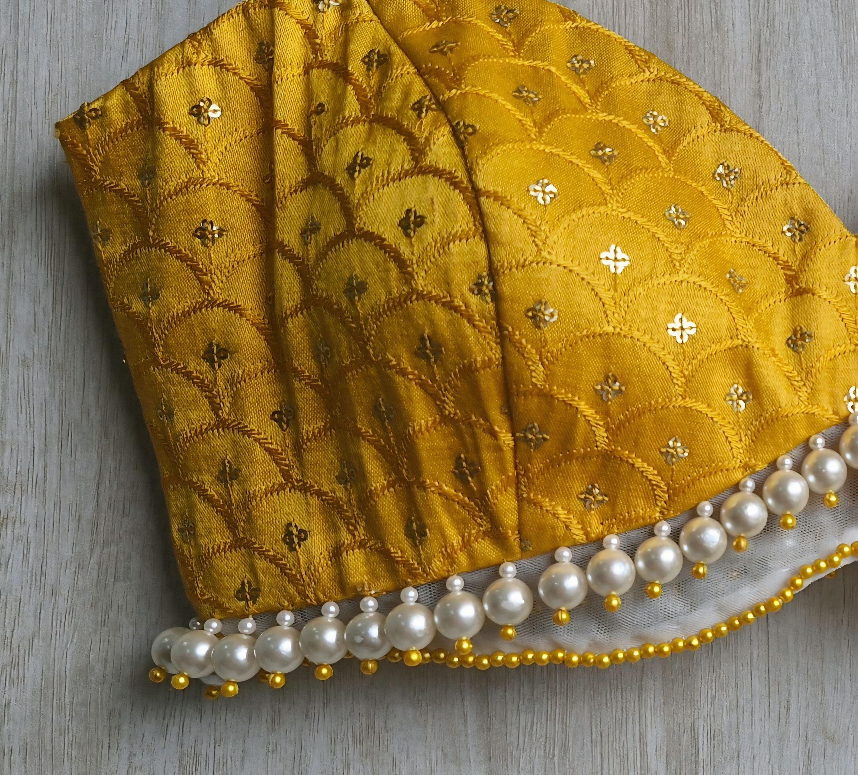 Mustard Embroidered Silk Saree Blouse, Pearl Fringes Spaghetti Bralette DVBL_494