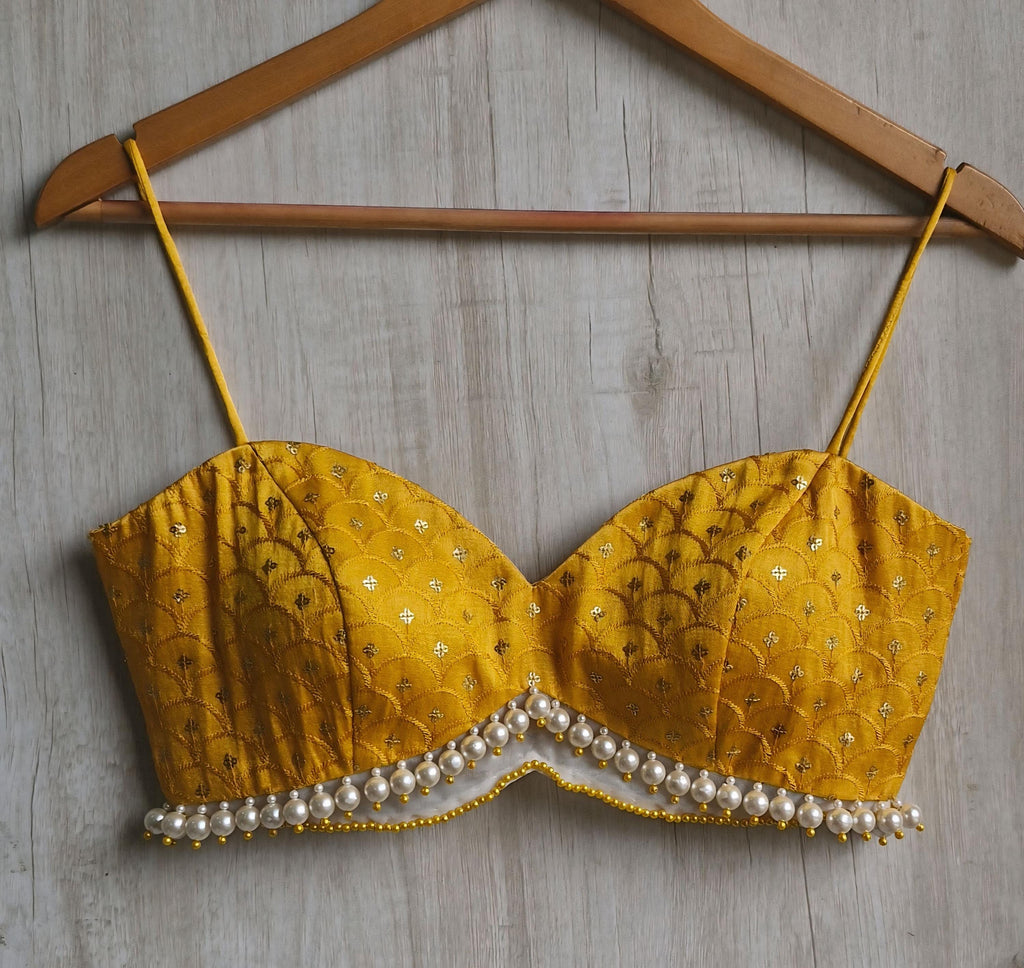 Mustard Embroidered Silk Saree Blouse, Pearl Fringes Spaghetti Bralette DVBL_494