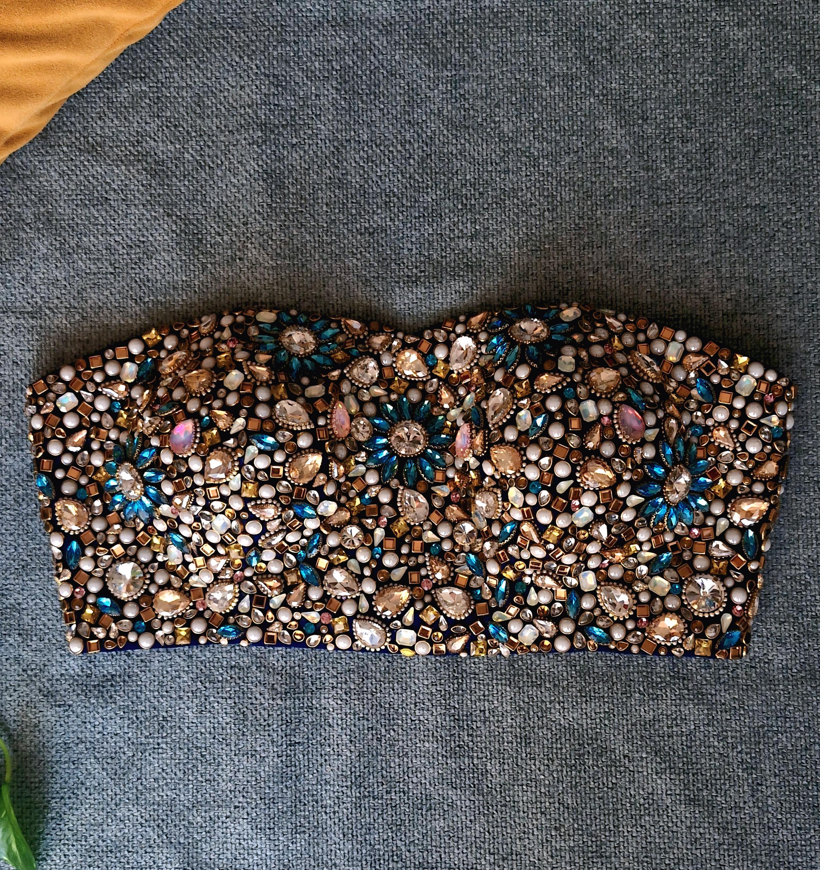 Hand Embroidered Bejeweled Blouse, Kundan Embellished. Blue, Strapless Bralette DVBL_502