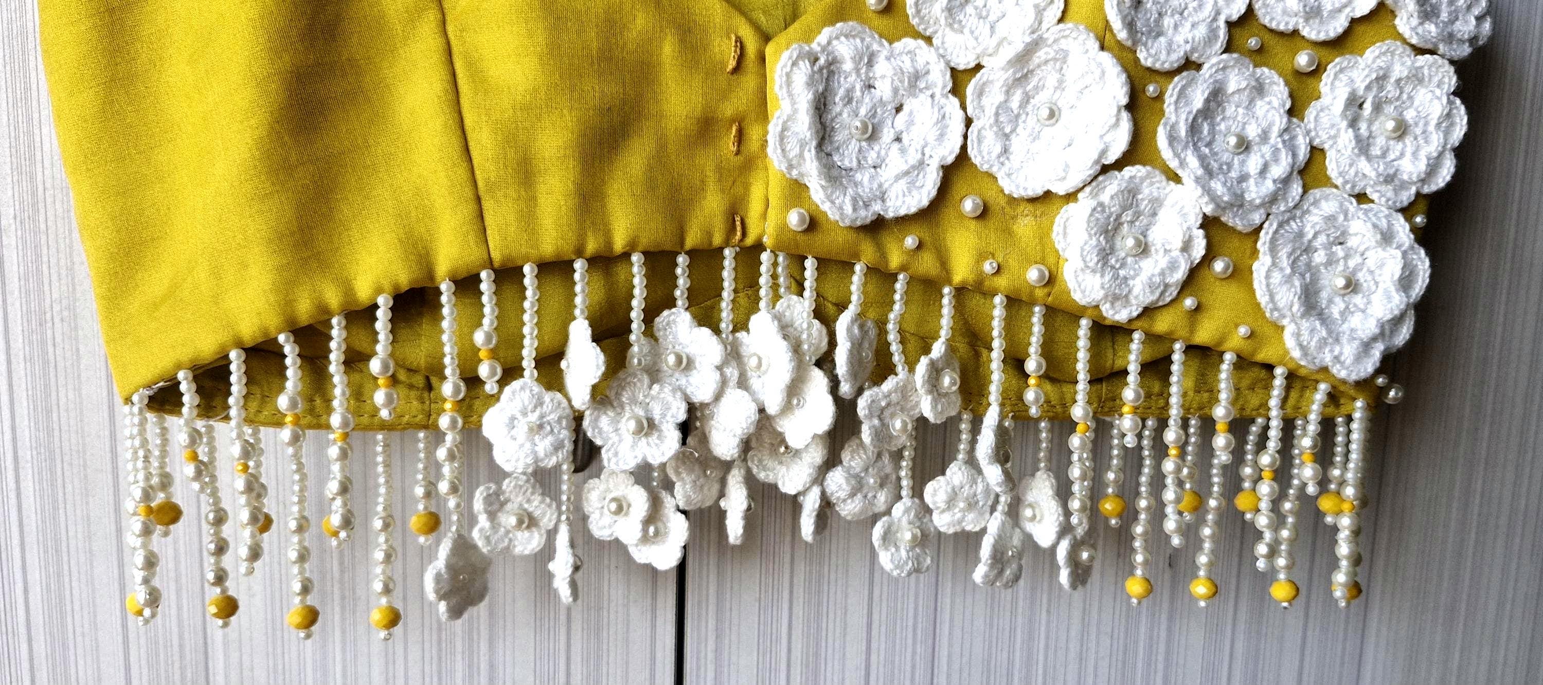 Mustard Embroidered Organza Saree Blouse, Crotchet Flowers Fringes Spaghetti DVBL_497