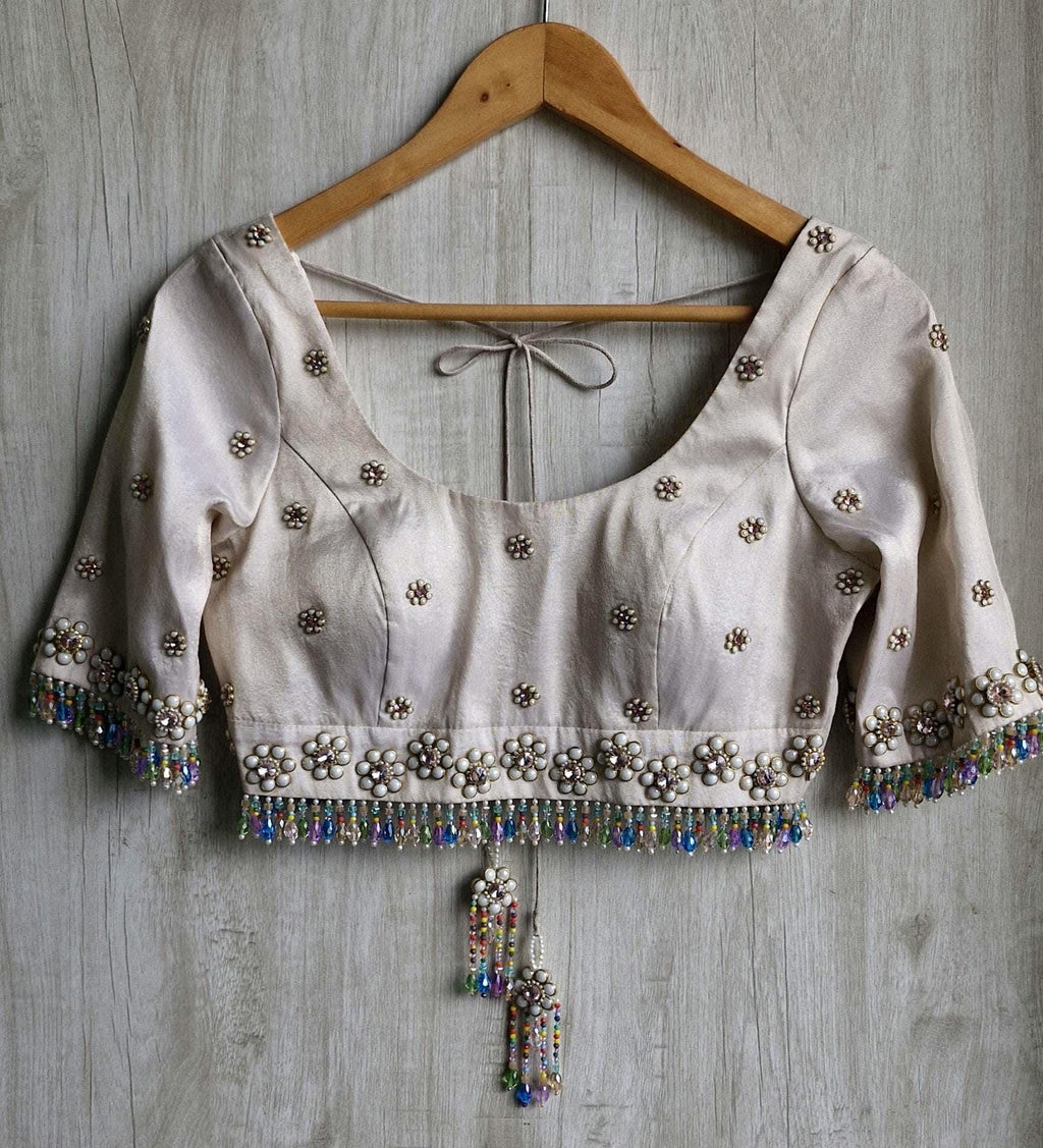 Hand Embroidered Ivory Bejeweled Blouse, Kundan and Beads Embellished, Elbow Sleeves DVBL_503