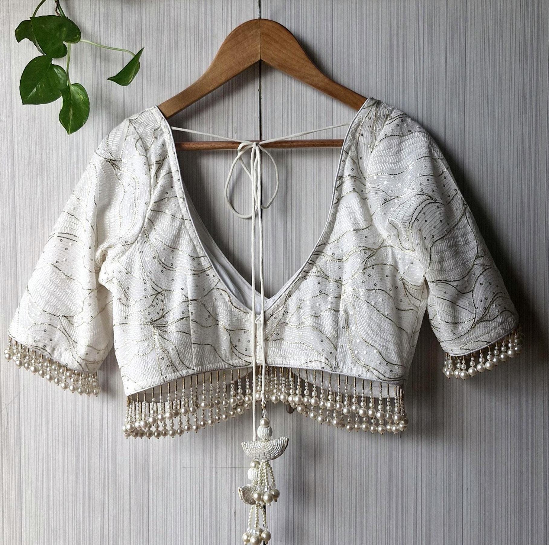 Ivory Embroidered Georgette Saree Blouse, Pearls Fringes, Elbow Sleeves DVBL_498