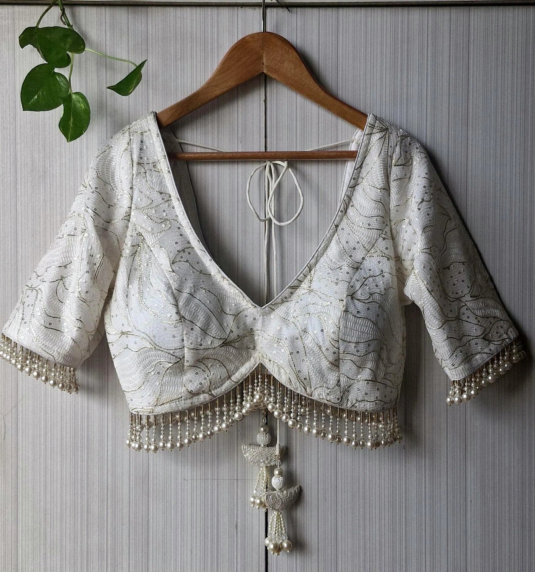 Ivory Embroidered Georgette Saree Blouse, Pearls Fringes, Elbow Sleeves DVBL_498