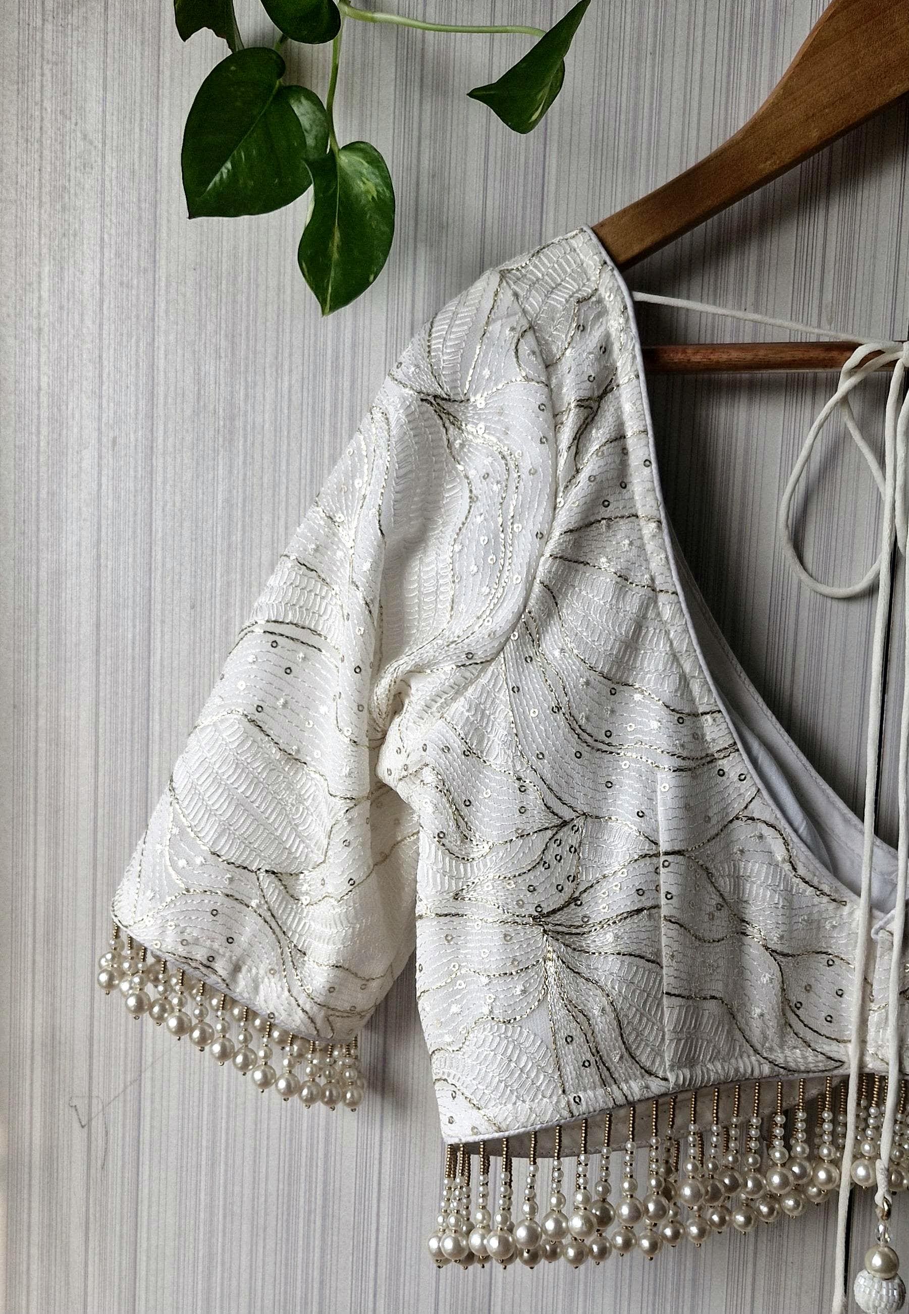 Ivory Embroidered Georgette Saree Blouse, Pearls Fringes, Elbow Sleeves DVBL_498
