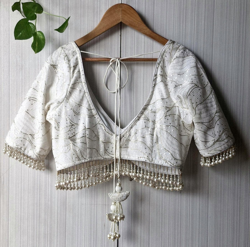 Ivory Embroidered Georgette Saree Blouse, Pearls Fringes, Elbow Sleeves DVBL_498