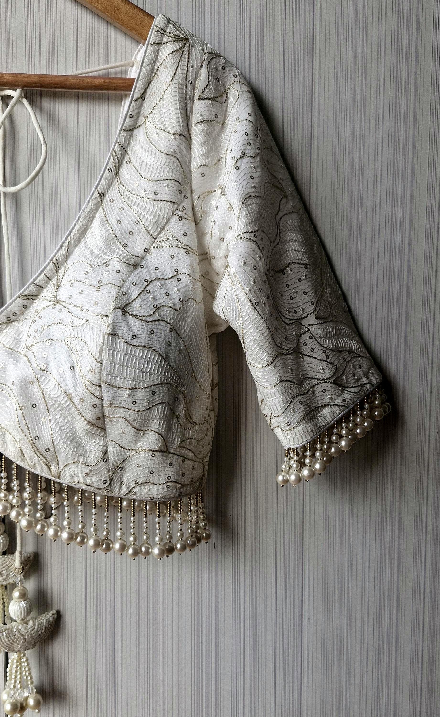 Ivory Embroidered Georgette Saree Blouse, Pearls Fringes, Elbow Sleeves DVBL_498