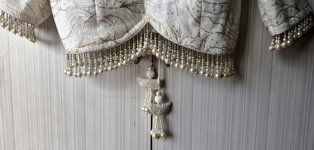 Ivory Embroidered Georgette Saree Blouse, Pearls Fringes, Elbow Sleeves DVBL_498