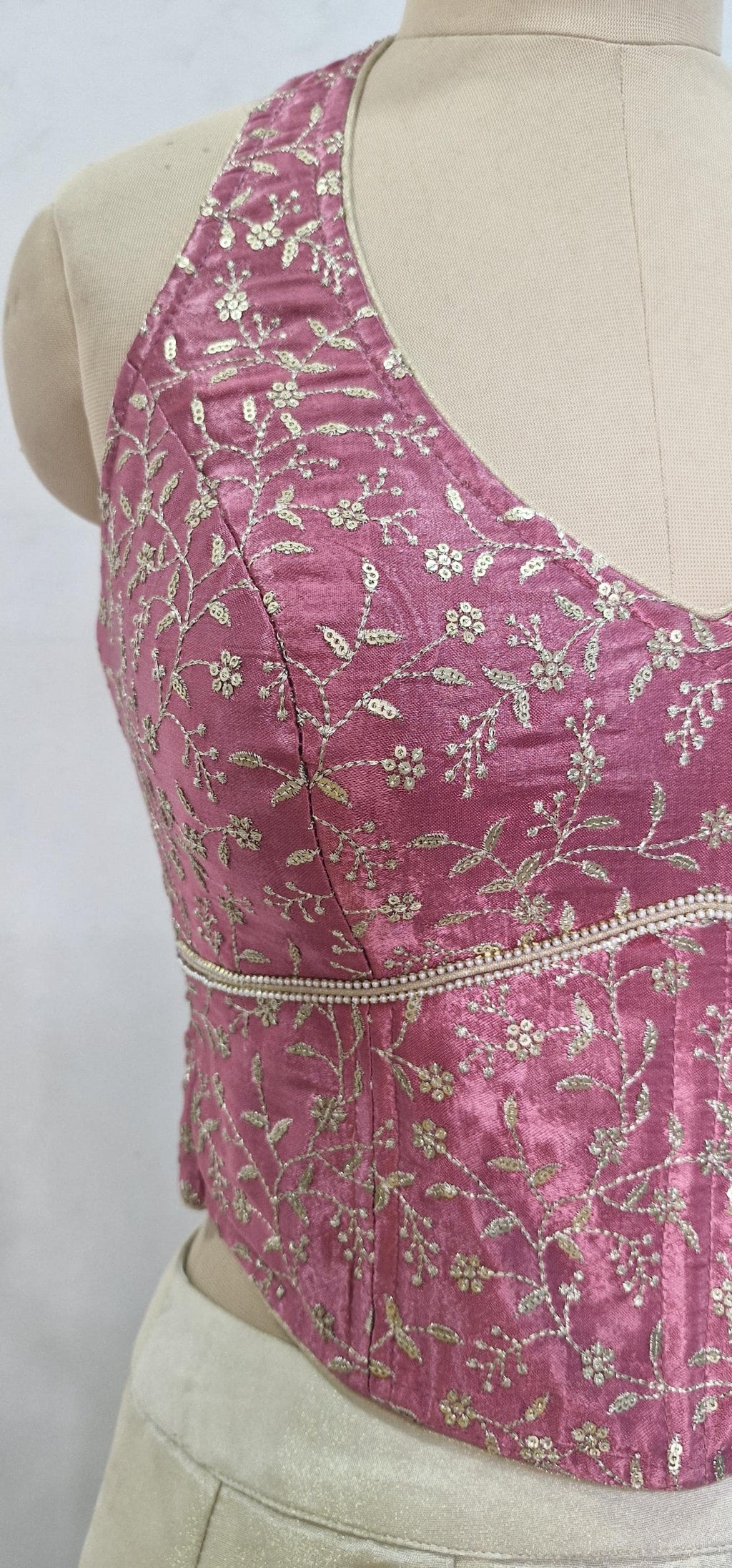 Mauve Rose Pink Embroidered Silk Corset Blouse - Halter Neck DVCB_017