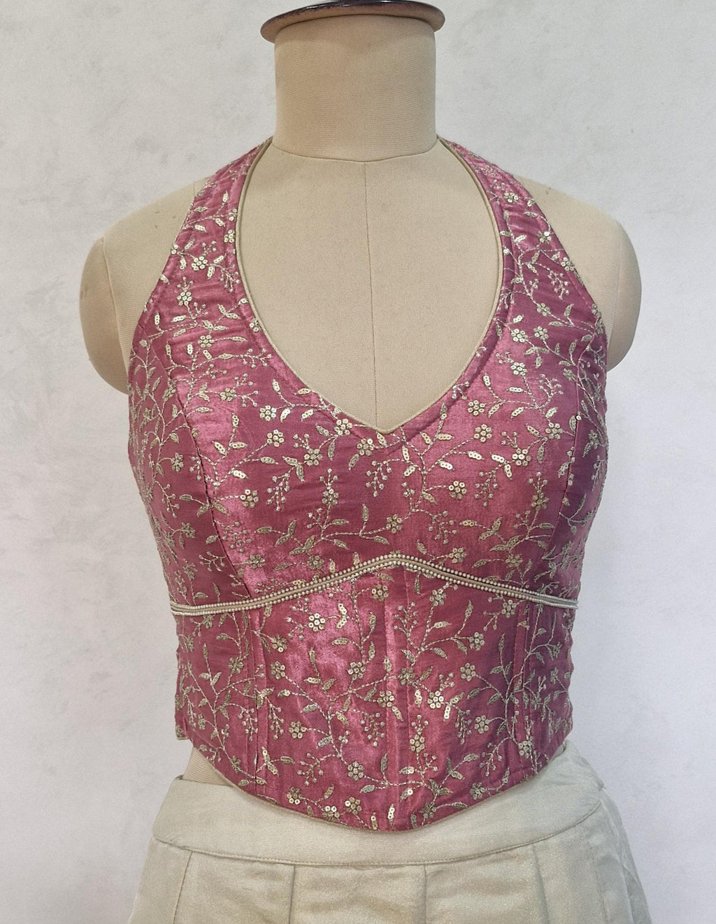 Mauve Rose Pink Embroidered Silk Corset Blouse - Halter Neck DVCB_017