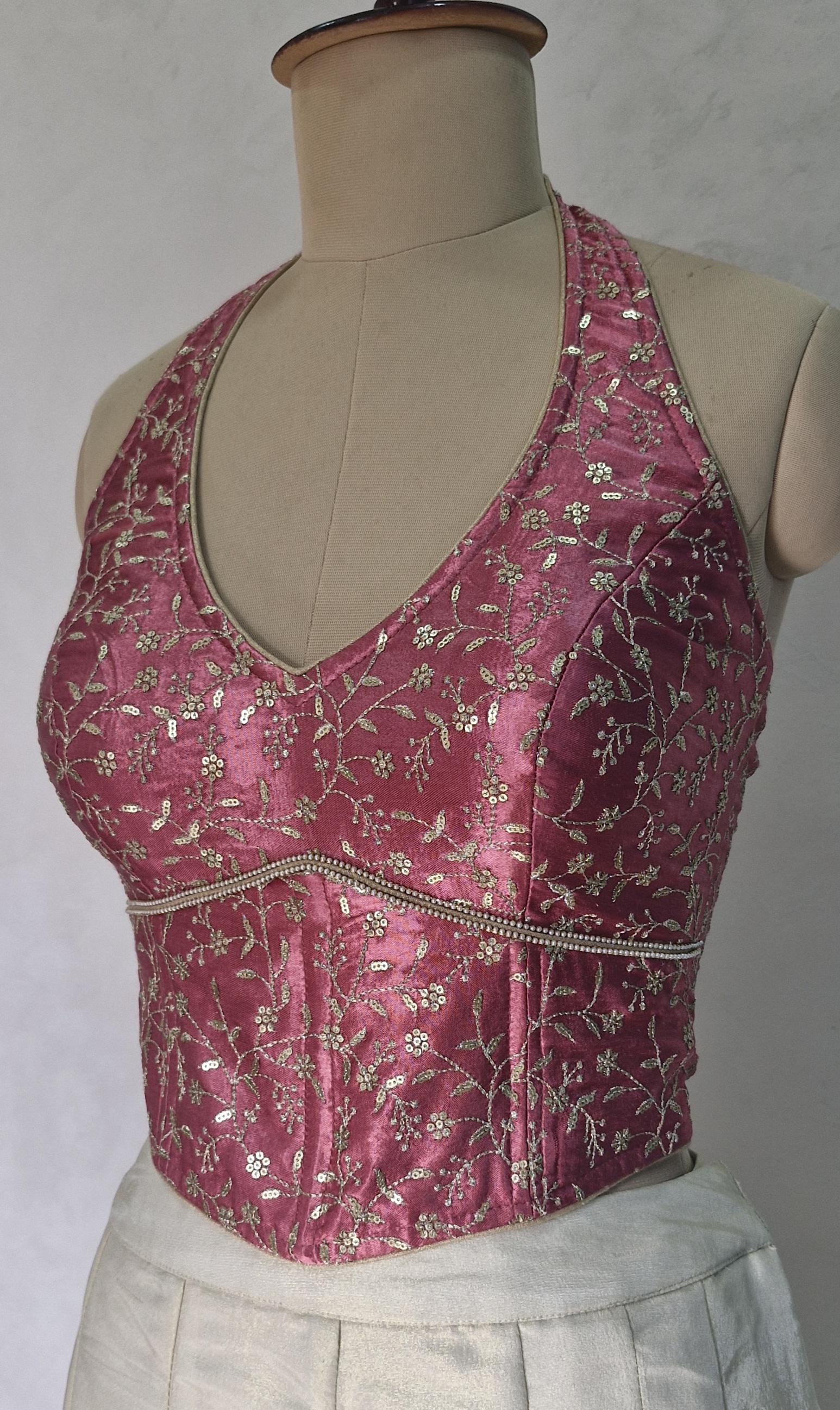 Mauve Rose Pink Embroidered Silk Corset Blouse - Halter Neck DVCB_017