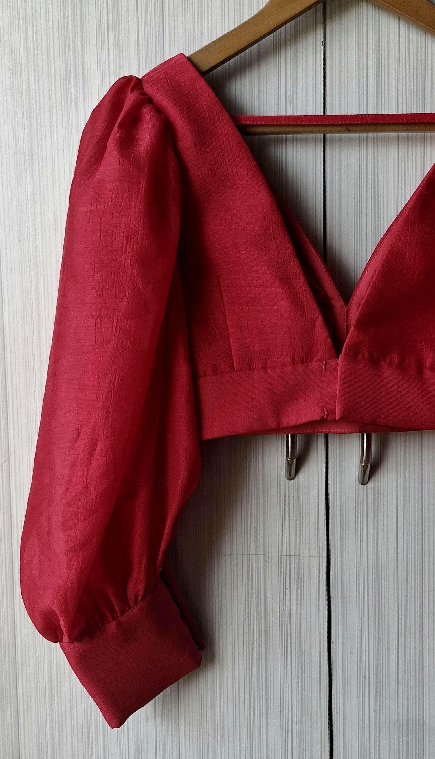 Raspberry Pink Art Silk Saree Blouse, Balloon Sleeves V Neck DVBL_499