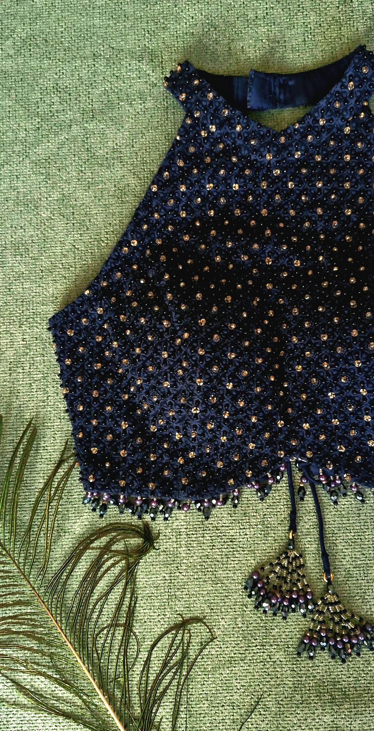 Navy Blue Hand Embroidered Georgette Saree Blouse, Beads Embellished, Halter Neck DVBL_501
