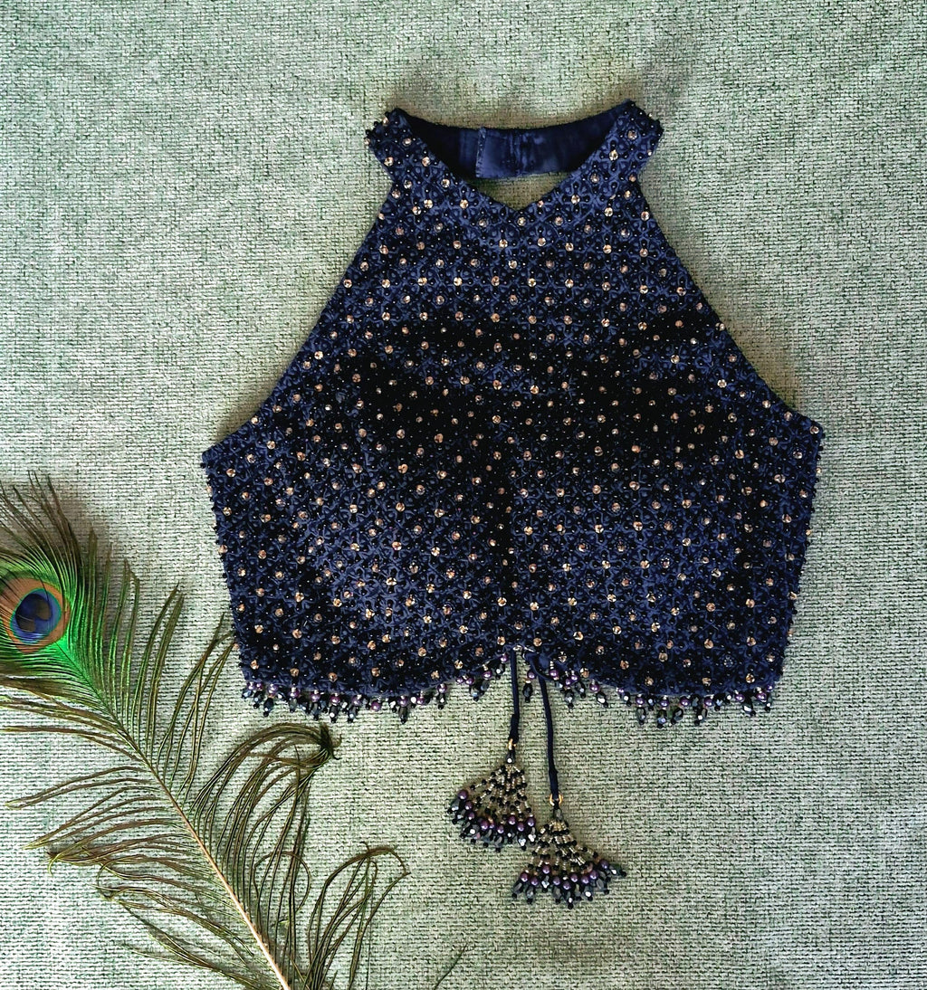 Navy Blue Hand Embroidered Georgette Saree Blouse, Beads Embellished, Halter Neck DVBL_501