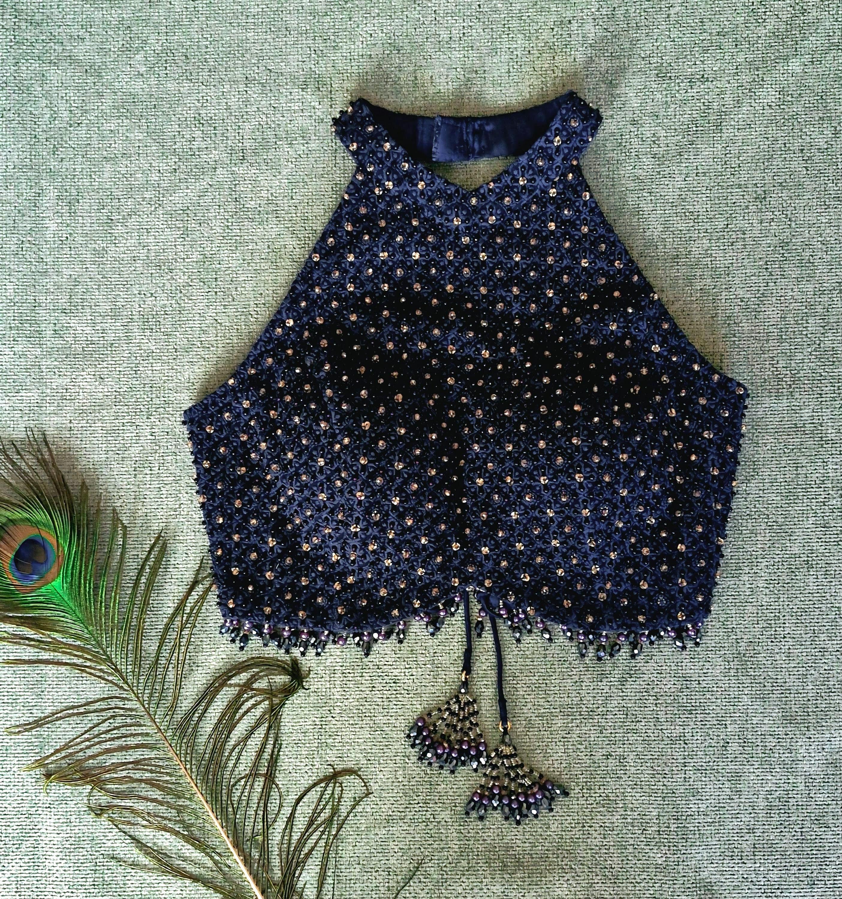 Navy Blue Hand Embroidered Georgette Saree Blouse, Beads Embellished, Halter Neck DVBL_501