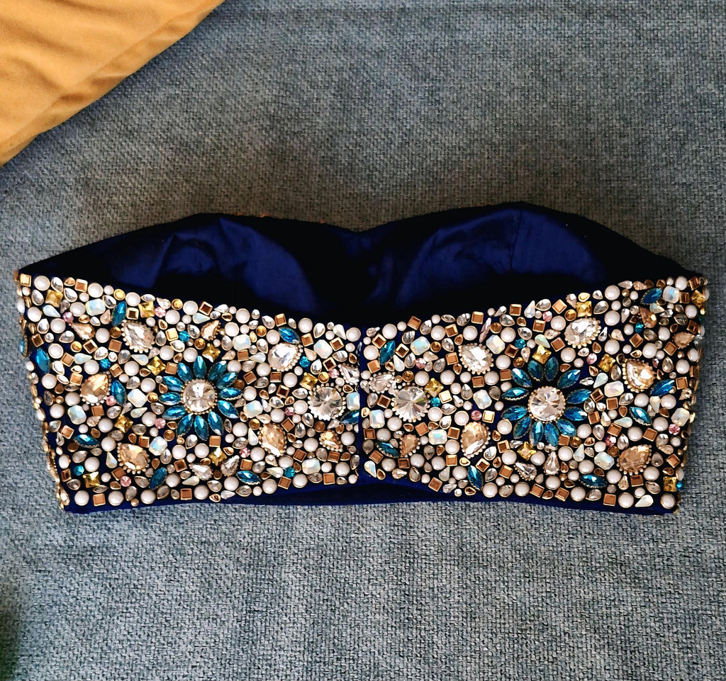 Hand Embroidered Bejeweled Blouse, Kundan Embellished. Blue, Strapless Bralette DVBL_502