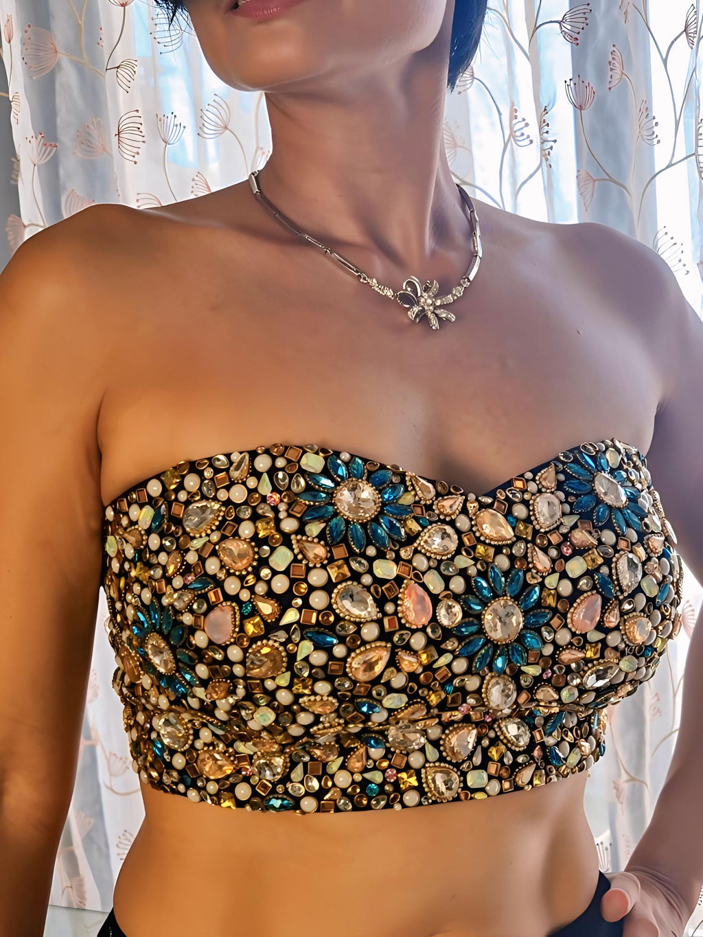 Hand Embroidered Bejeweled Blouse, Kundan Embellished. Blue, Strapless Bralette DVBL_502