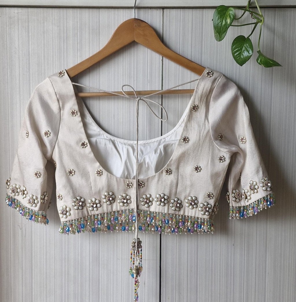 Hand Embroidered Ivory Bejeweled Blouse, Kundan and Beads Embellished, Elbow Sleeves DVBL_503