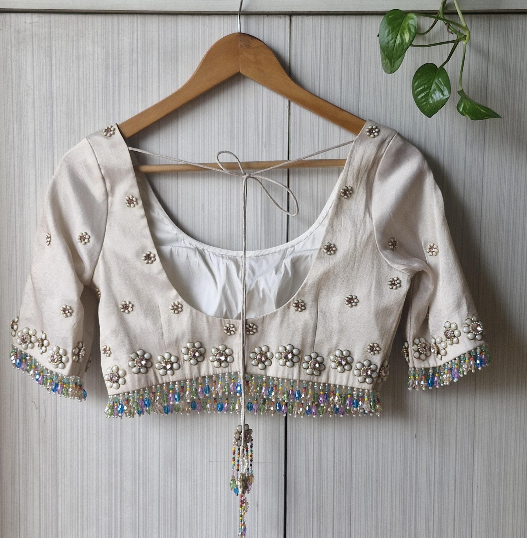 Hand Embroidered Ivory Bejeweled Blouse, Kundan and Beads Embellished, Elbow Sleeves DVBL_503