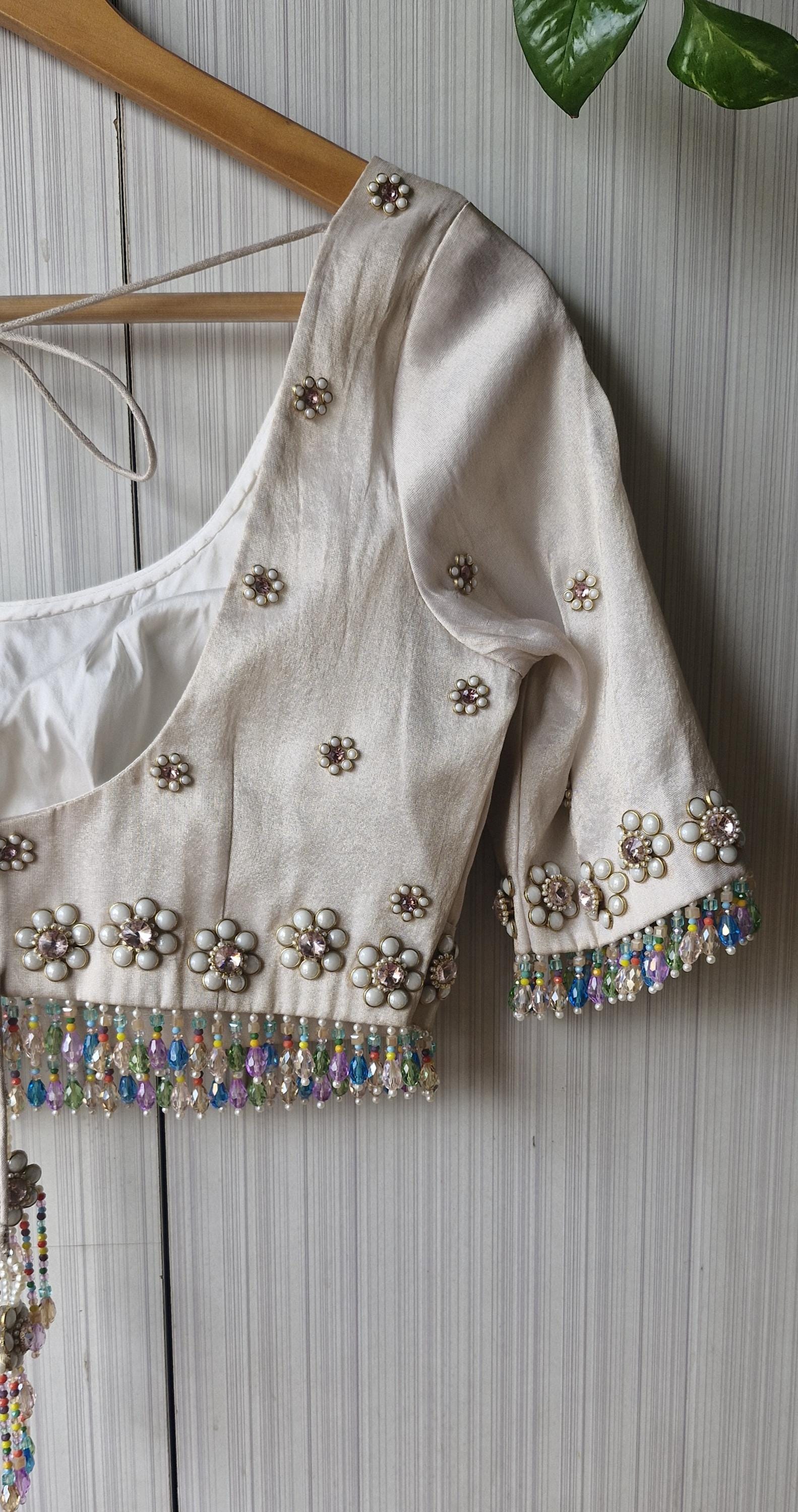 Hand Embroidered Ivory Bejeweled Blouse, Kundan and Beads Embellished, Elbow Sleeves DVBL_503