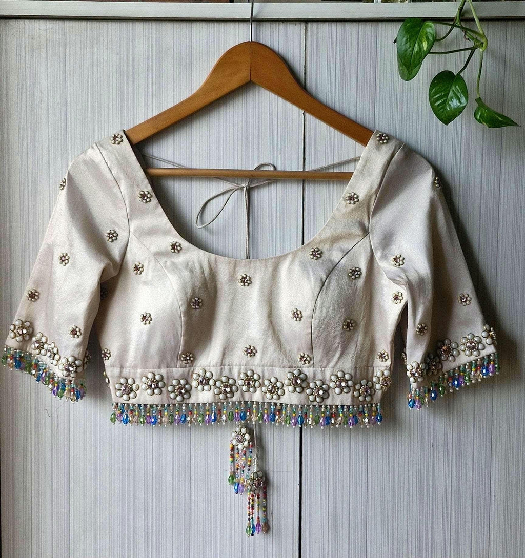 Hand Embroidered Ivory Bejeweled Blouse, Kundan and Beads Embellished, Elbow Sleeves DVBL_503