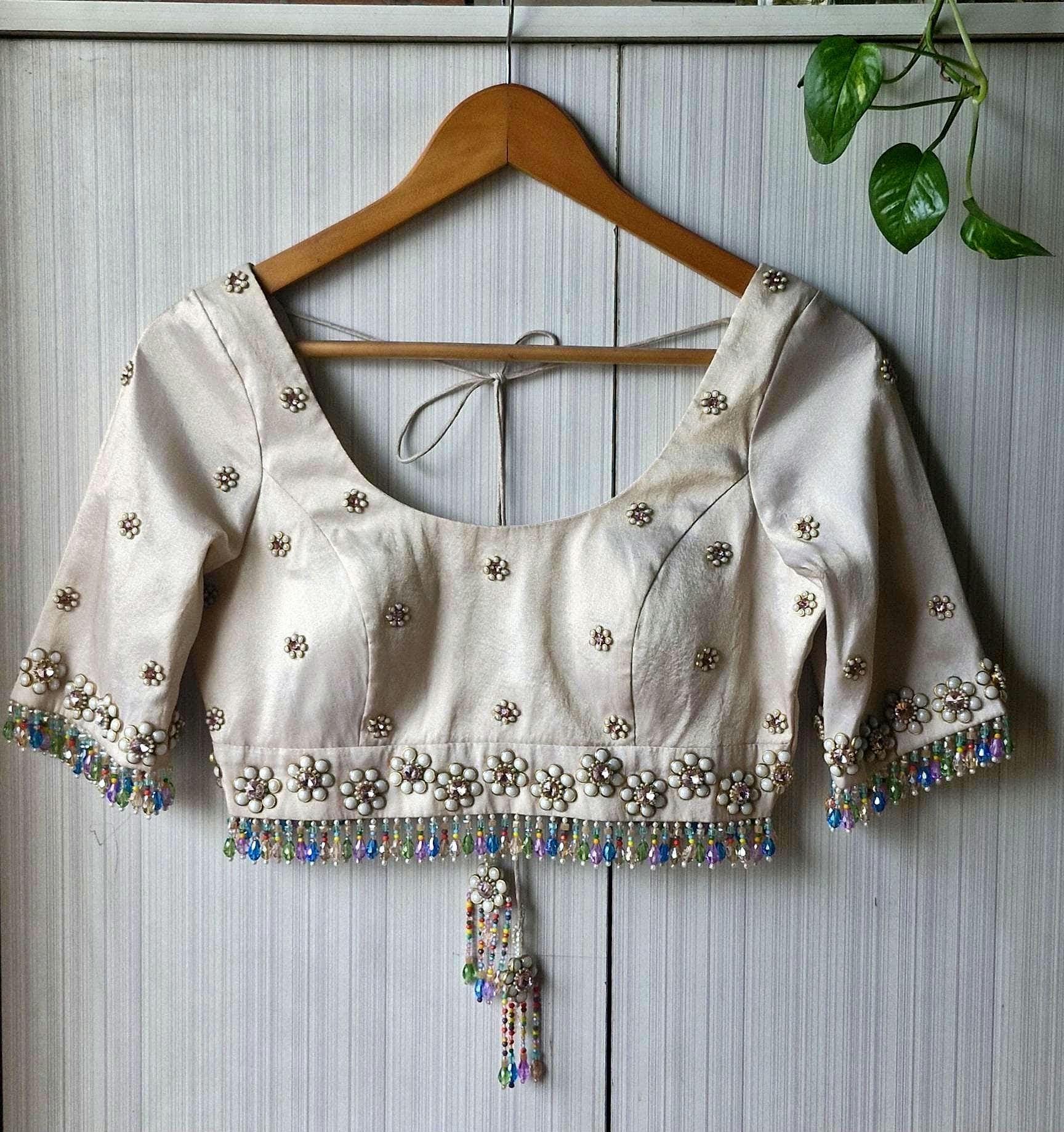 Hand Embroidered Ivory Bejeweled Blouse, Kundan and Beads Embellished, Elbow Sleeves DVBL_503