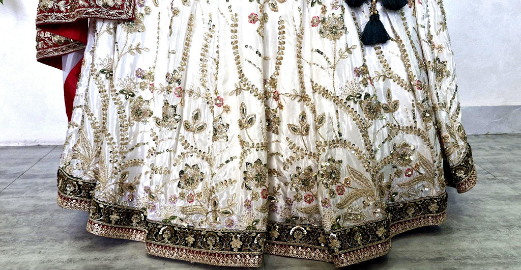 Embroidered Ivory and Green Crepe Silk Lehenga Choli - Mehedi Lehenga DVMTD_0295