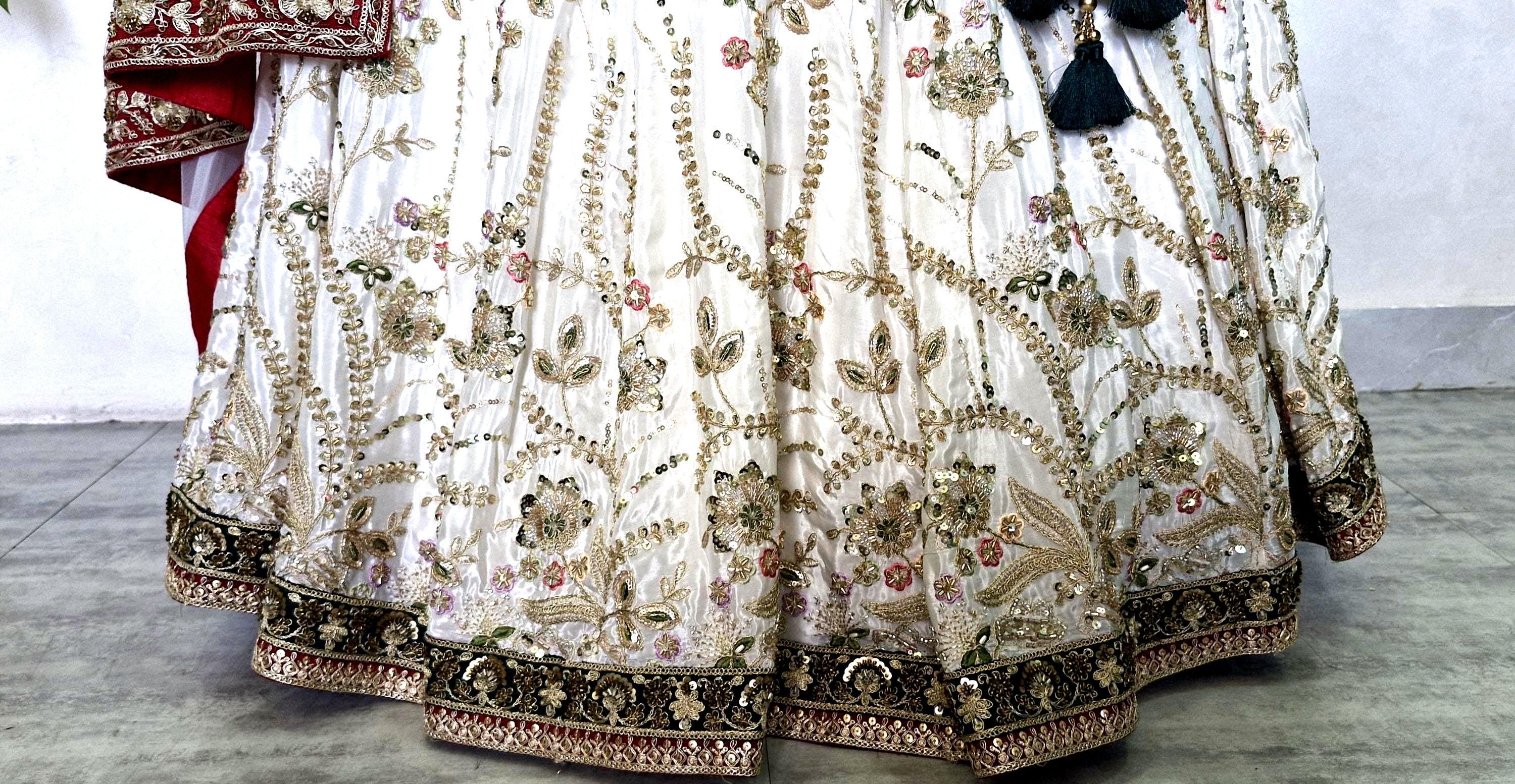 Embroidered Ivory and Green Crepe Silk Lehenga Choli - Mehedi Lehenga DVMTD_0295