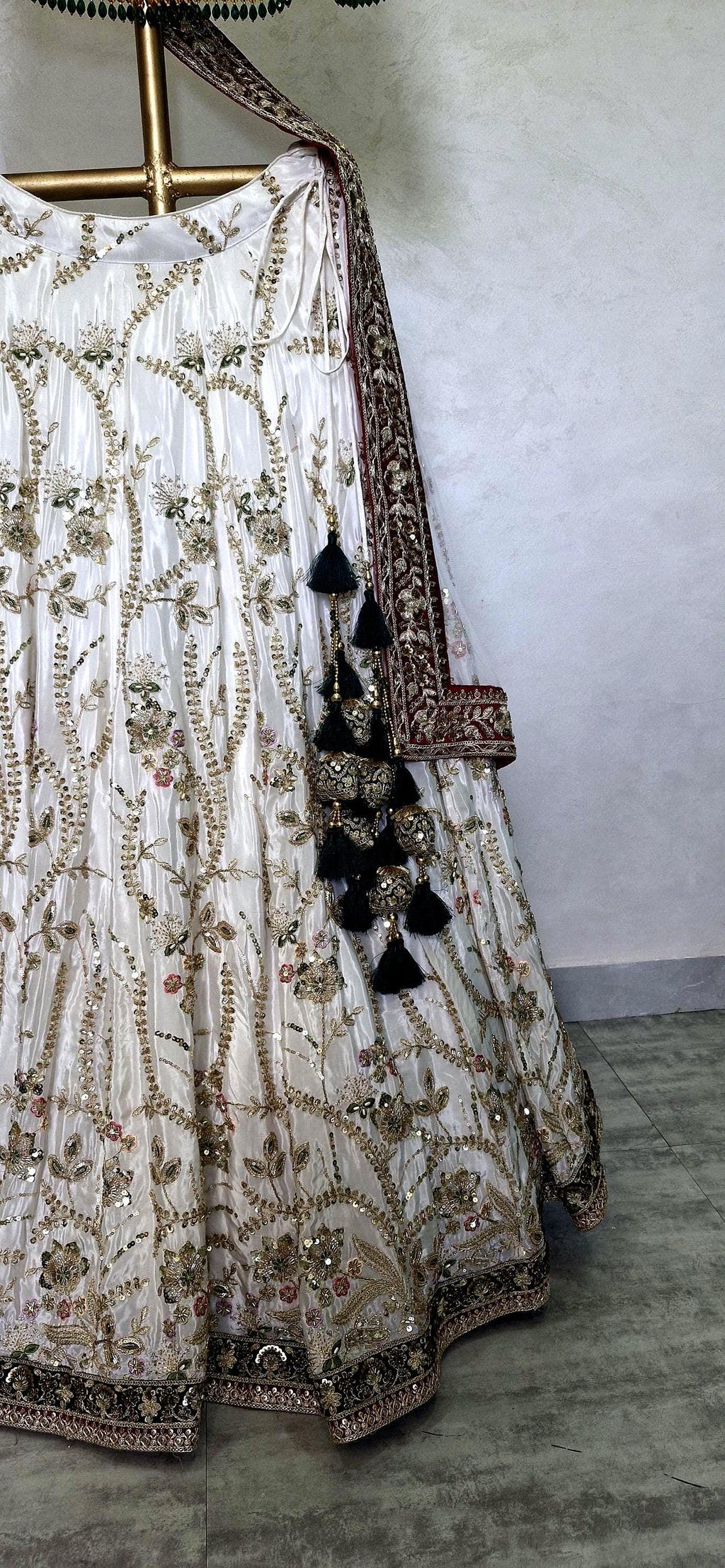 Embroidered Ivory and Green Crepe Silk Lehenga Choli - Mehedi Lehenga DVMTD_0295