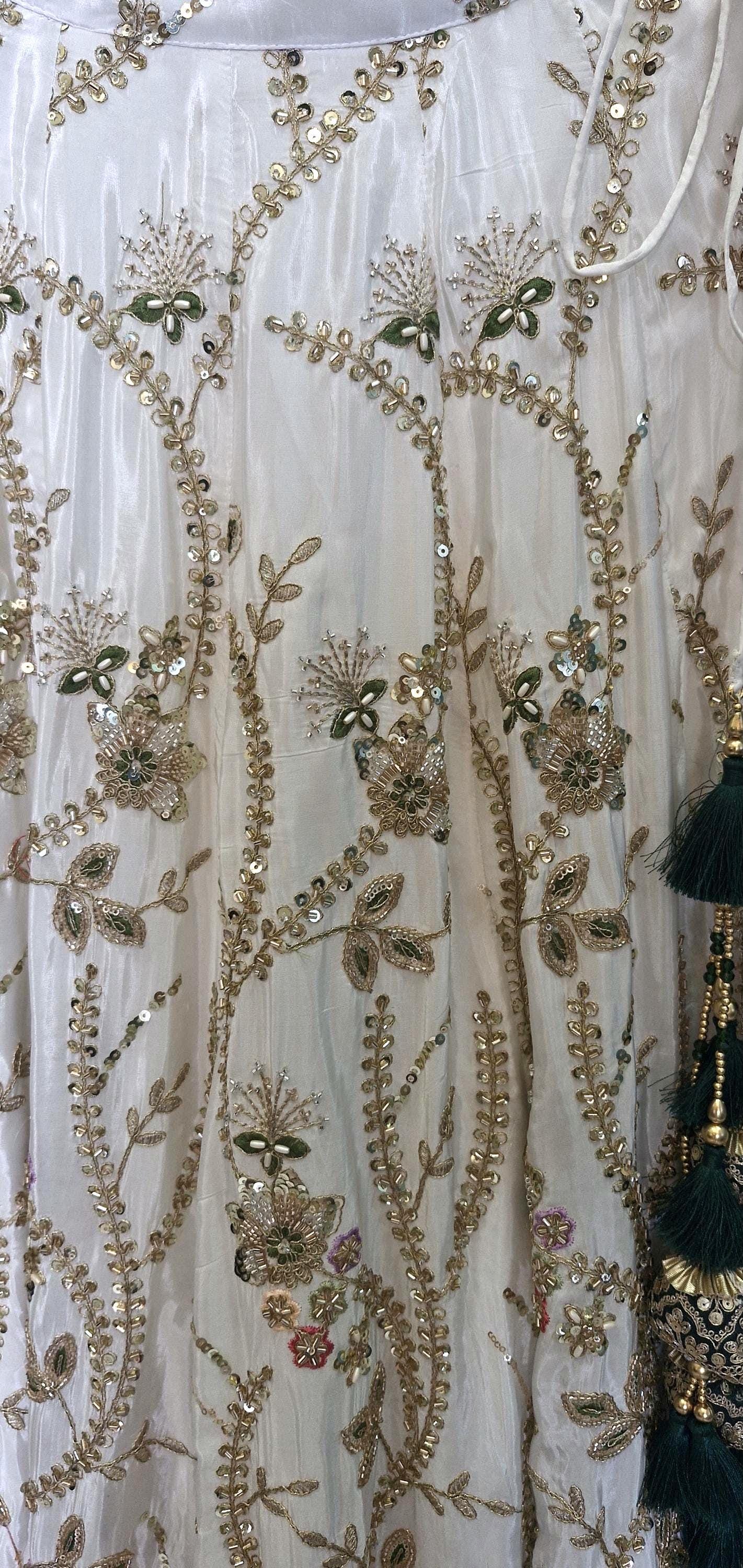 Embroidered Ivory and Green Crepe Silk Lehenga Choli - Mehedi Lehenga DVMTD_0295
