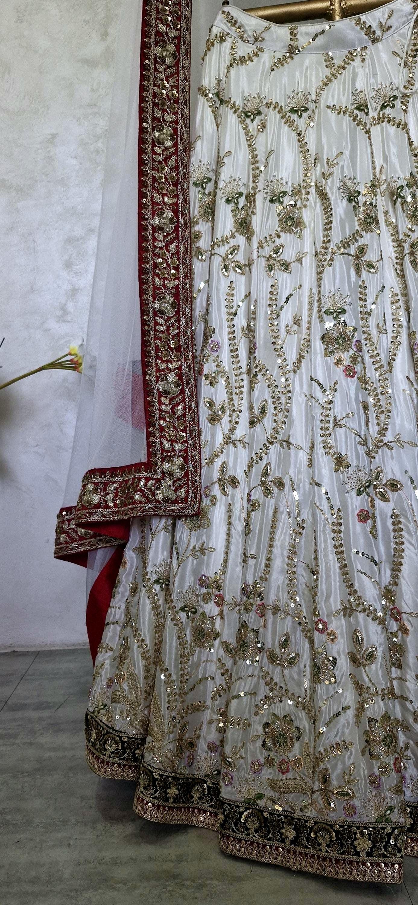 Embroidered Ivory and Green Crepe Silk Lehenga Choli - Mehedi Lehenga DVMTD_0295