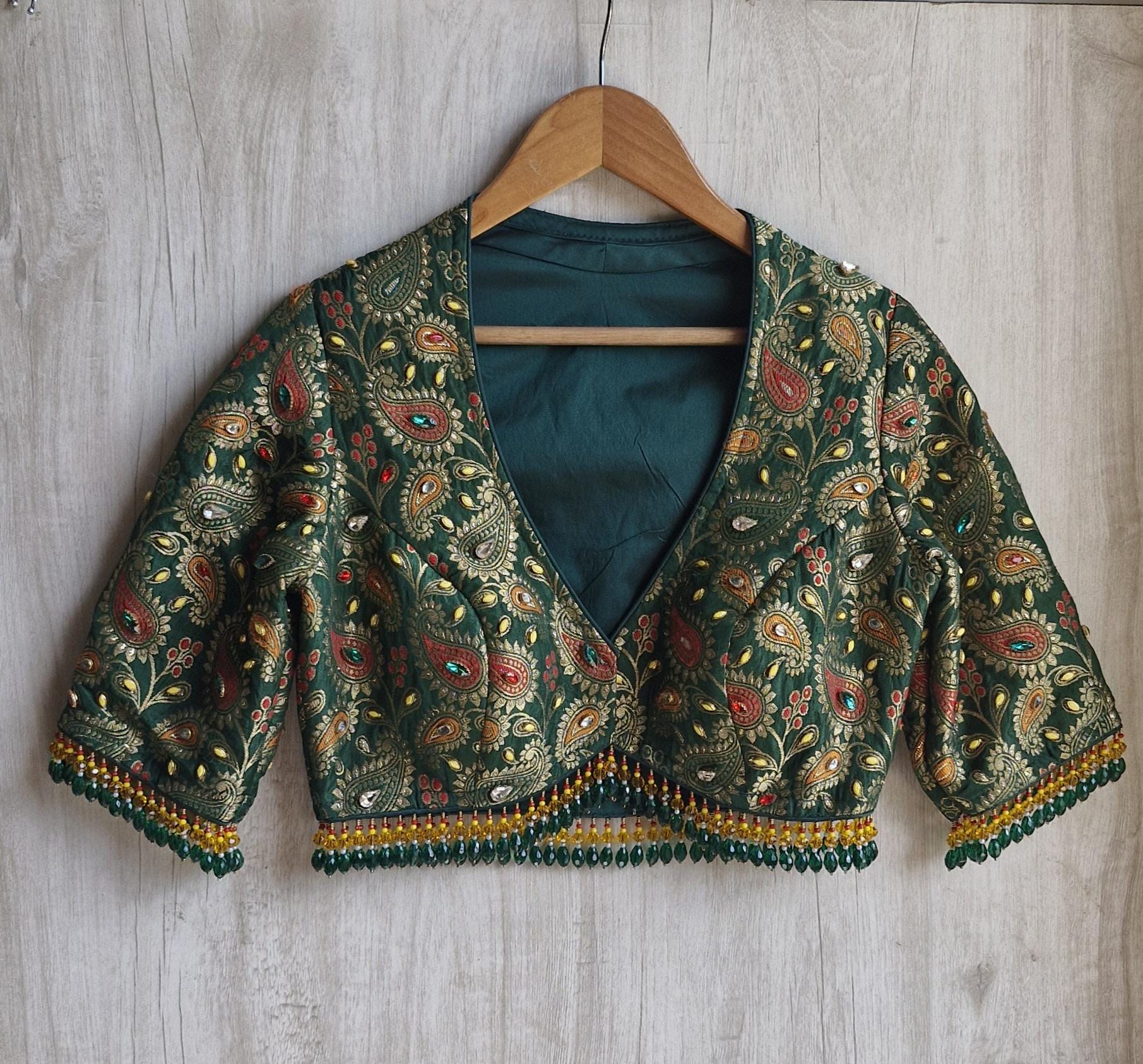 Green Brocade Saree Blouse, Deep V Neck, Kundan Embellished, Beads Fringes DVBL_505