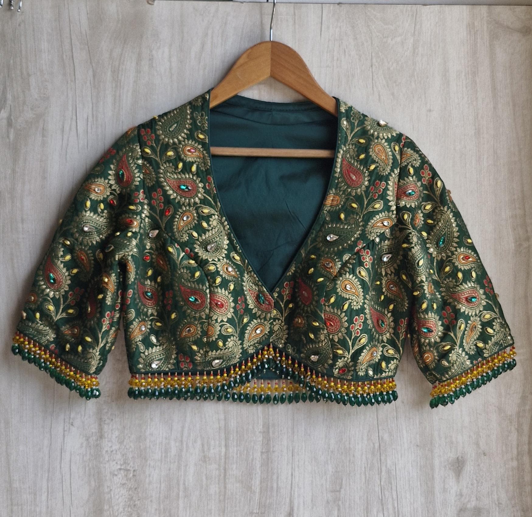 Green Brocade Saree Blouse, Deep V Neck, Kundan Embellished, Beads Fringes DVBL_505