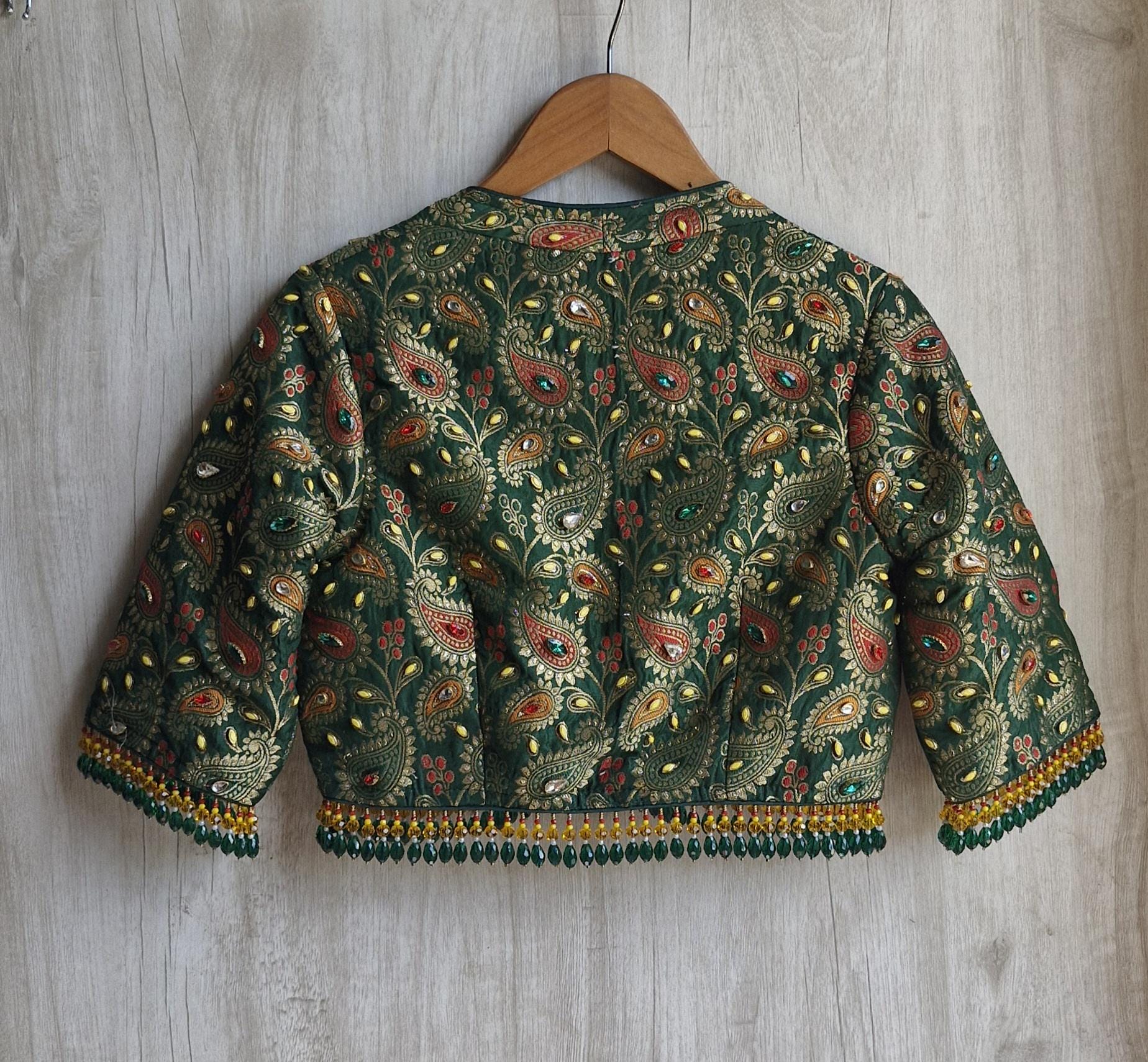 Green Brocade Saree Blouse, Deep V Neck, Kundan Embellished, Beads Fringes DVBL_505