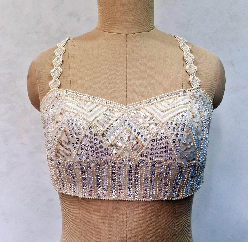 Hand Embroidered Ivory Raw Silk Saree Blouse, Beads and Sequins Embroidered DVBL_506
