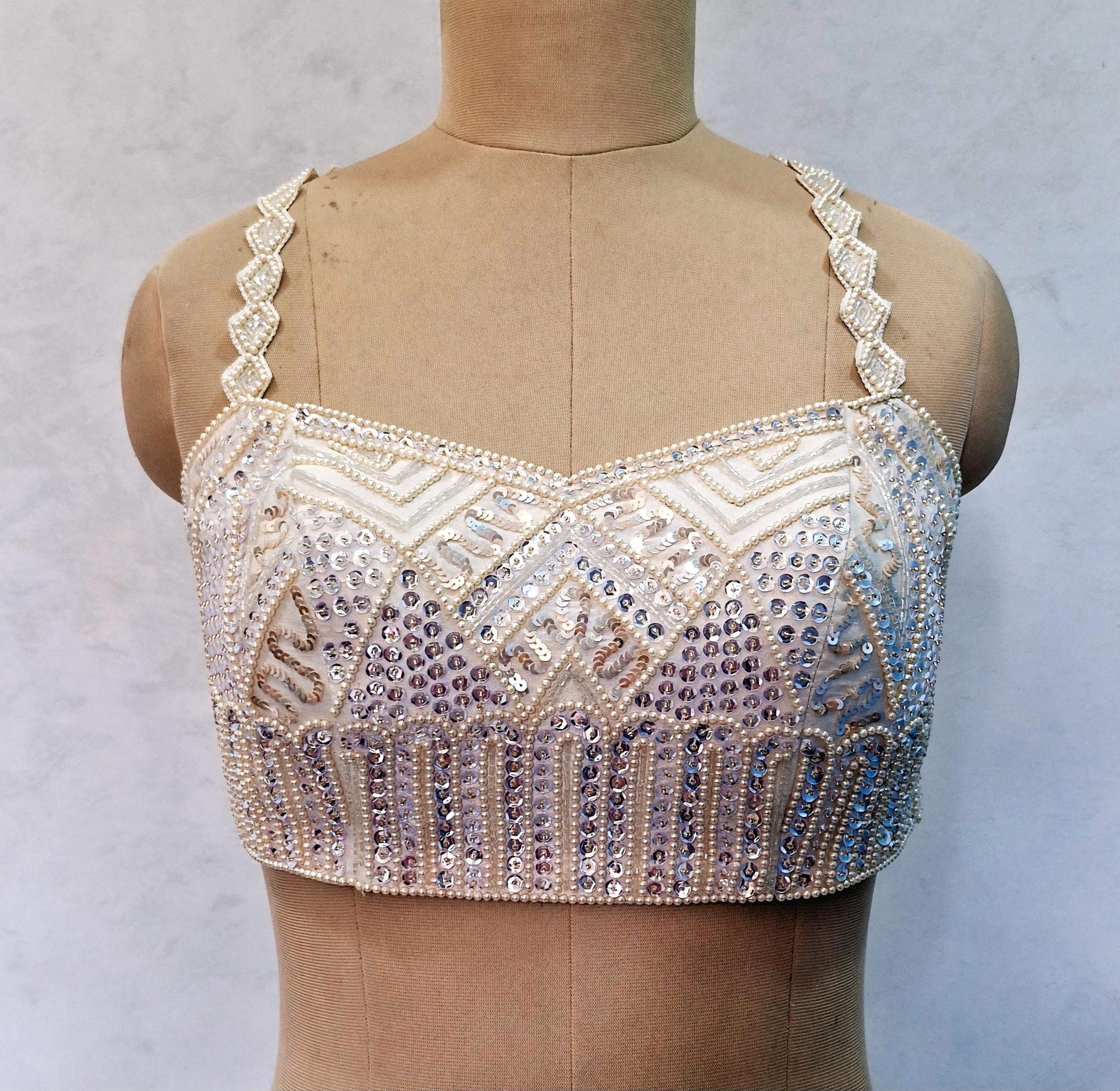 Hand Embroidered Ivory Raw Silk Saree Blouse, Beads and Sequins Embroidered DVBL_506