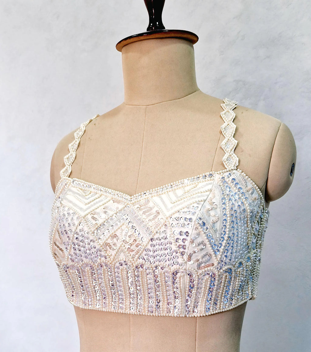 Hand Embroidered Ivory Raw Silk Saree Blouse, Beads and Sequins Embroidered DVBL_506