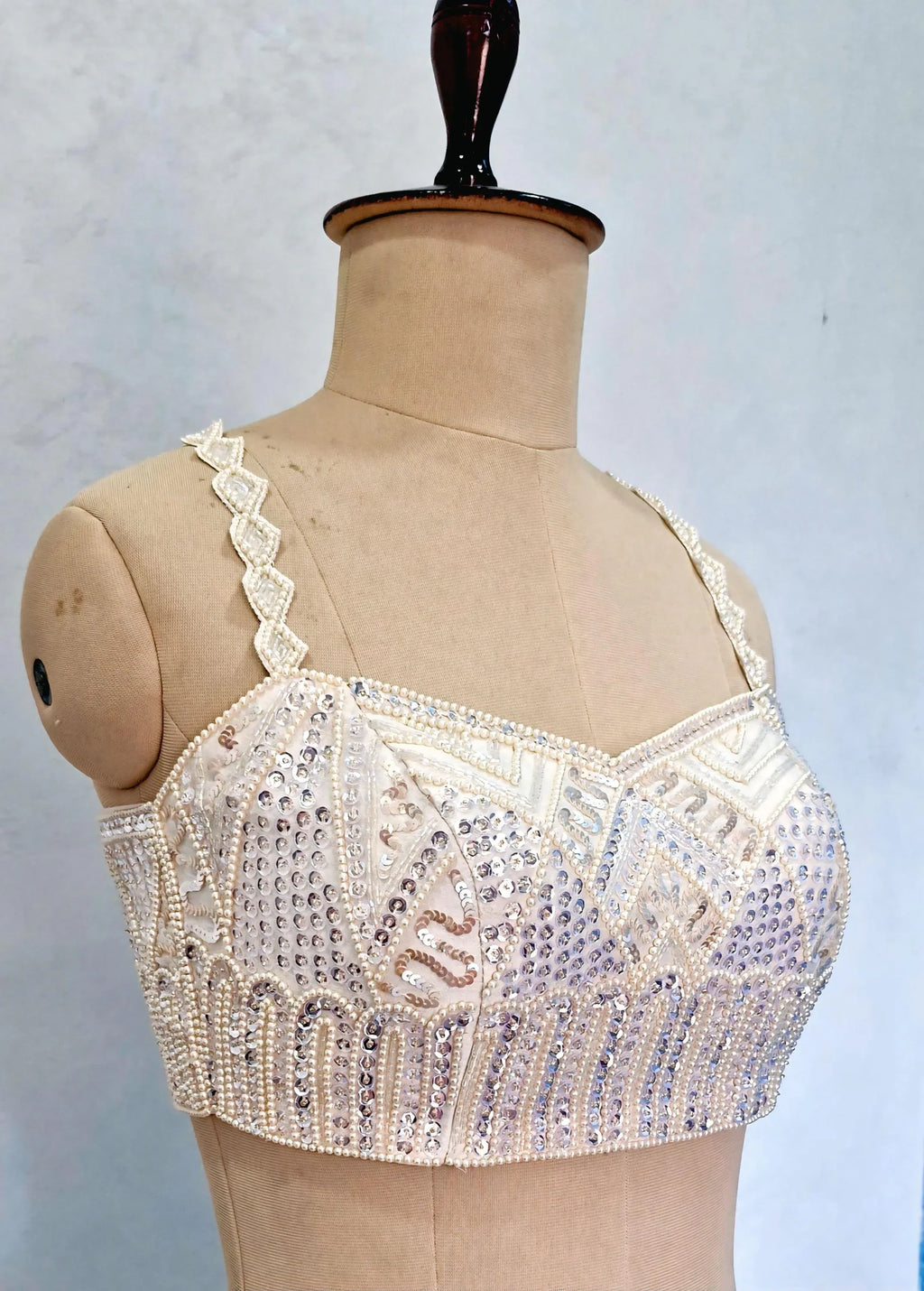 Hand Embroidered Ivory Raw Silk Saree Blouse, Beads and Sequins Embroidered DVBL_506