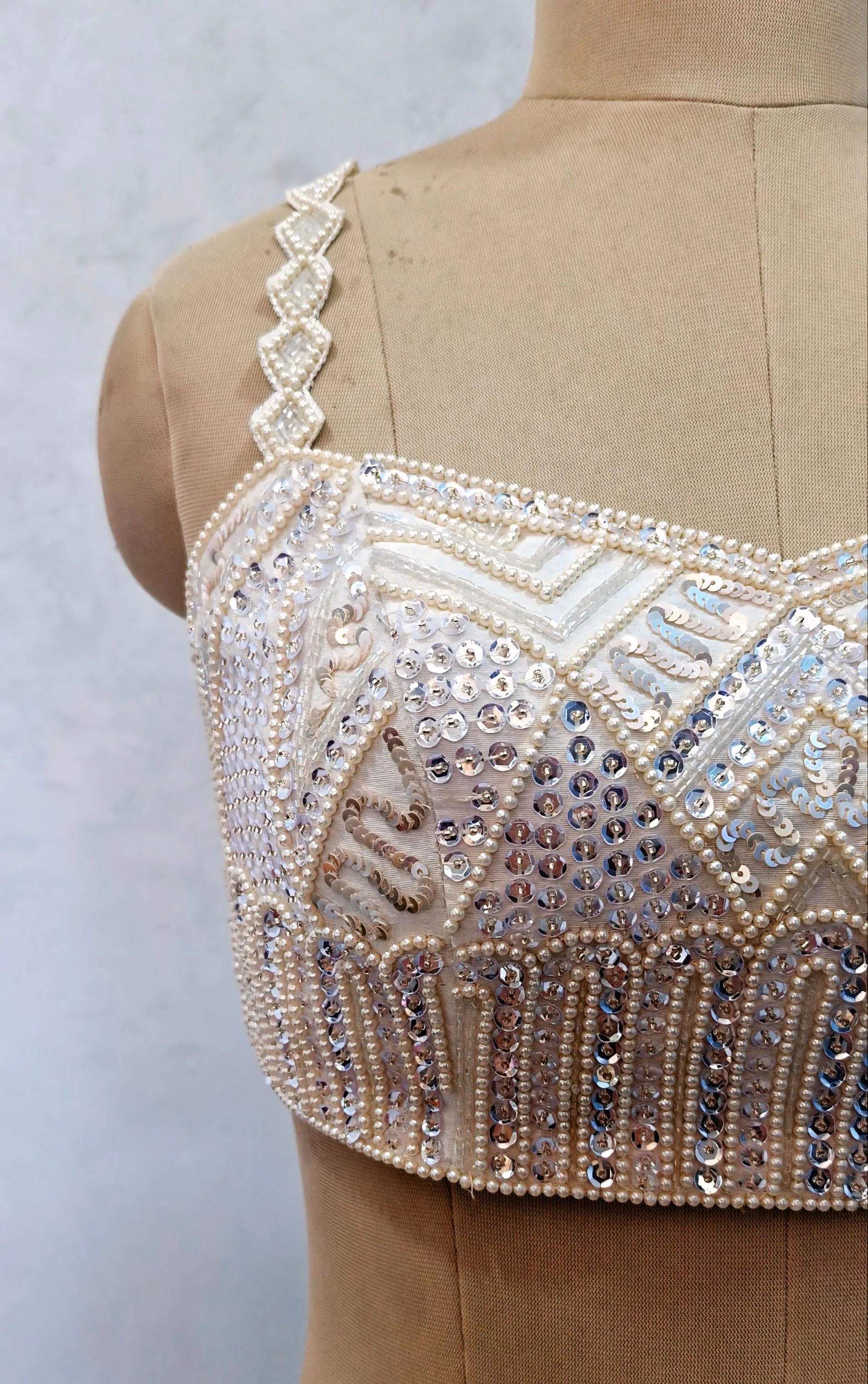 Hand Embroidered Ivory Raw Silk Saree Blouse, Beads and Sequins Embroidered DVBL_506
