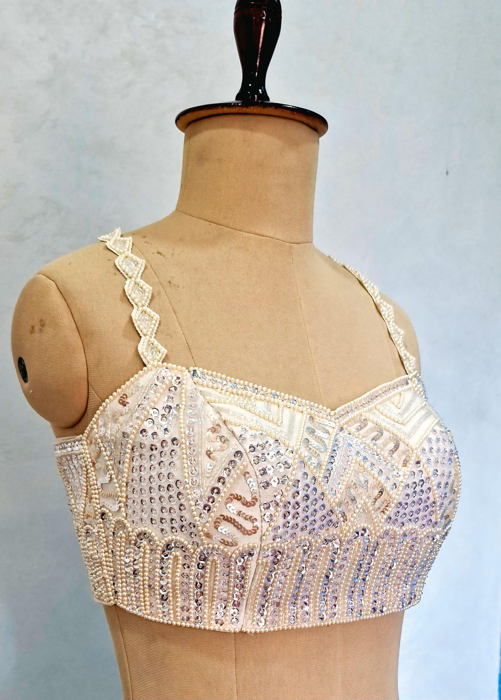 Hand Embroidered Ivory Raw Silk Saree Blouse, Beads and Sequins Embroidered DVBL_506