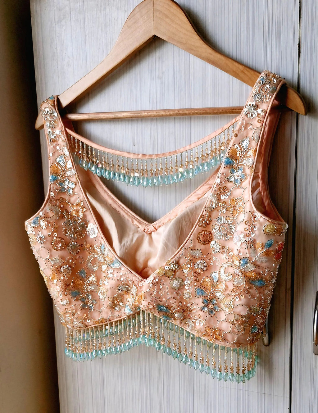 Peach Embroidered Net Saree Blouse, Beads Fringes, Deep V Neck DVBL_504
