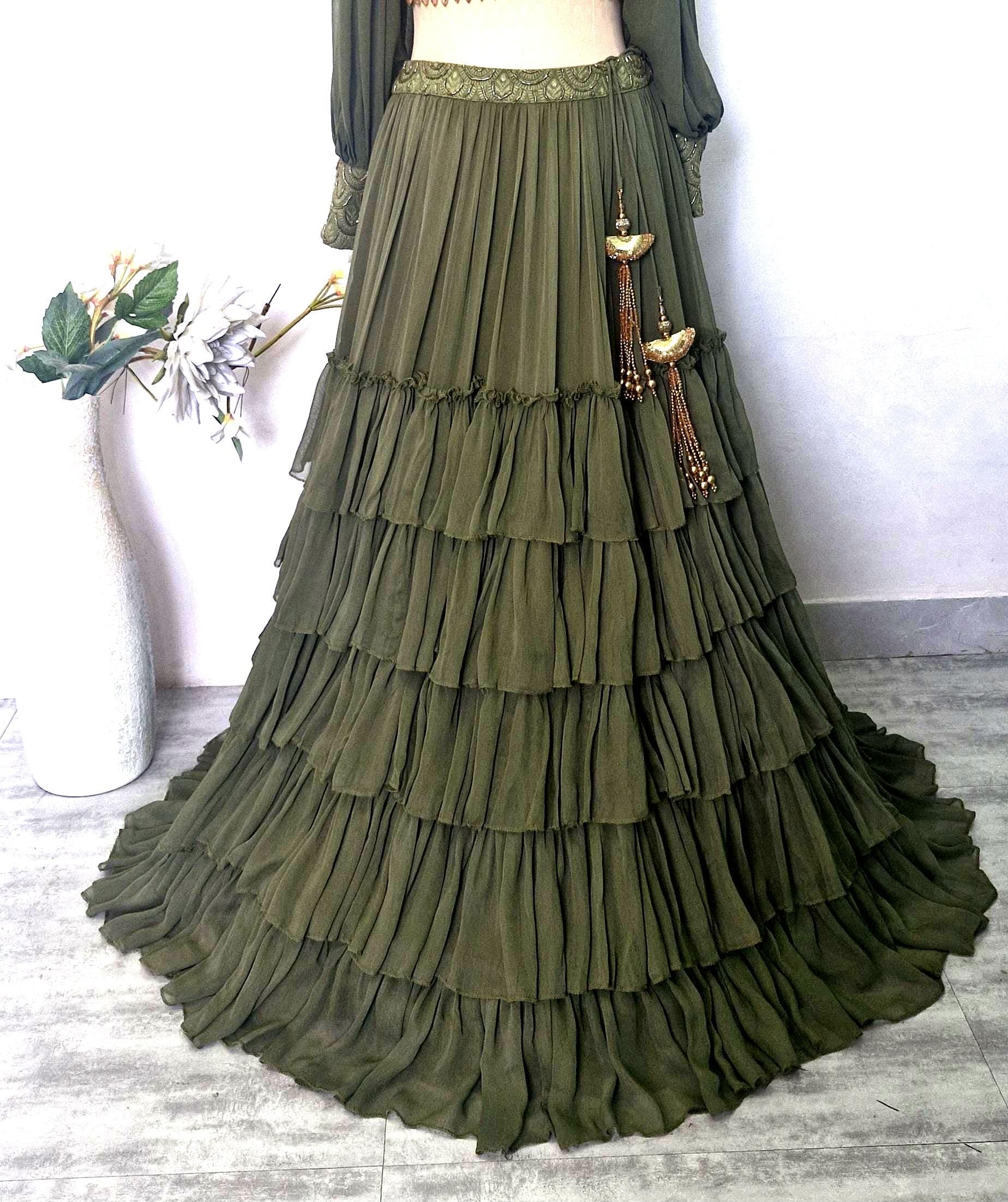 Olive Green Georgette Tiered Lehenga Choli. Embroidered Blouse, Bishop Sleeves. Mehendi Outfit DVMTD_0298