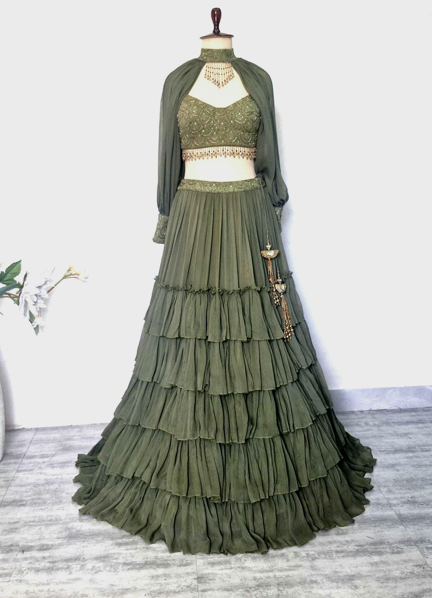 Olive Green Georgette Tiered Lehenga Choli. Embroidered Blouse, Bishop Sleeves. Mehendi Outfit DVMTD_0298