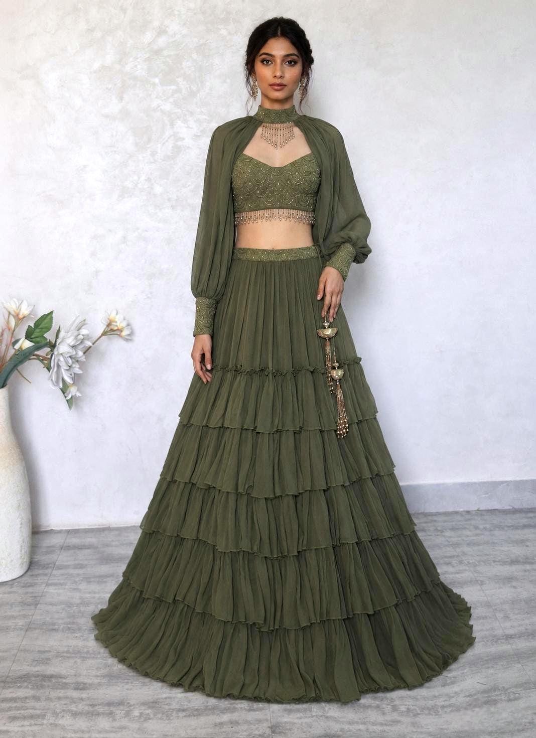 Olive Green Georgette Tiered Lehenga Choli. Embroidered Blouse, Bishop Sleeves. Mehendi Outfit DVMTD_0298