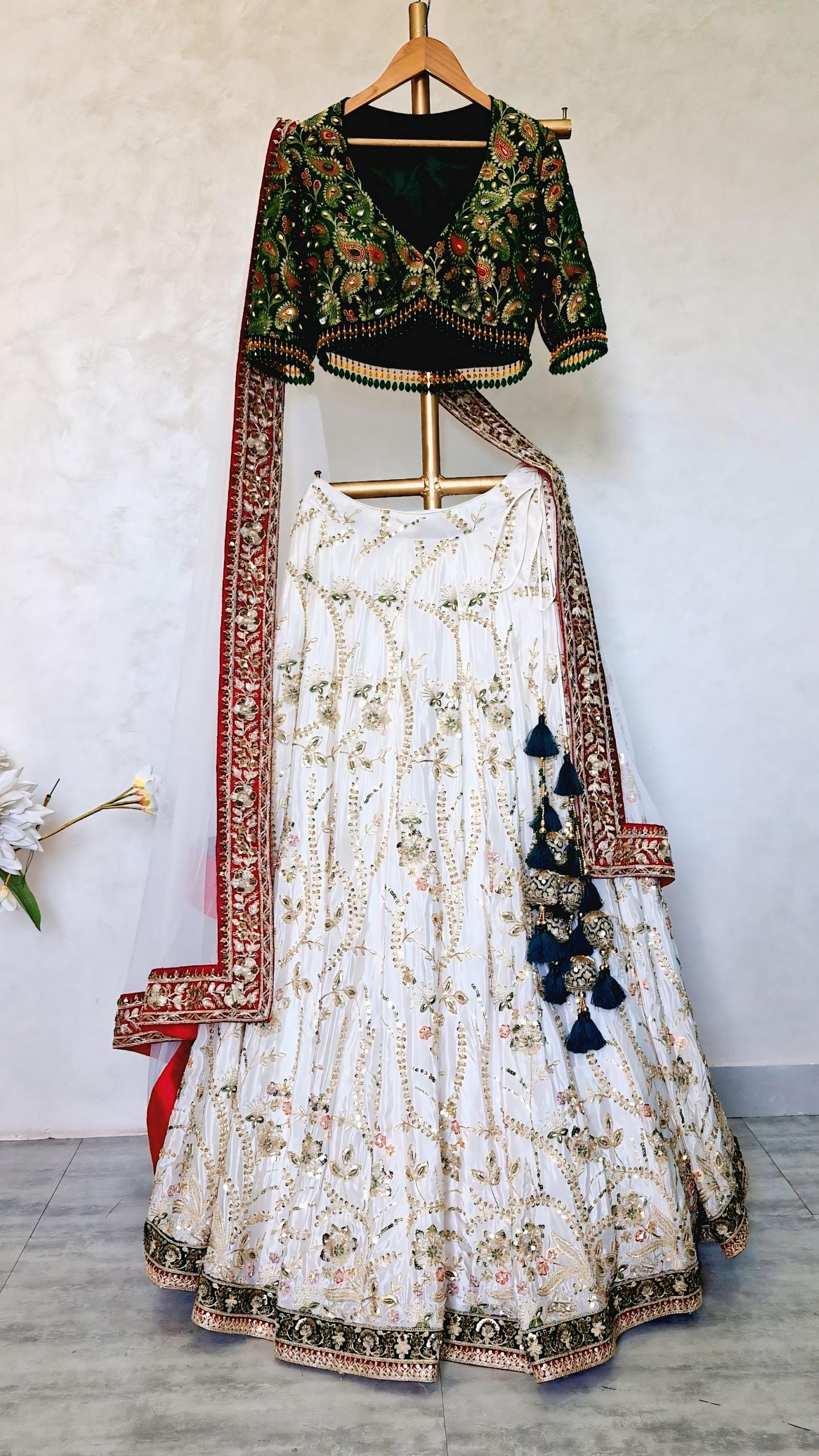 Embroidered Ivory and Green Crepe Silk Lehenga Choli - Mehedi Lehenga DVMTD_0295