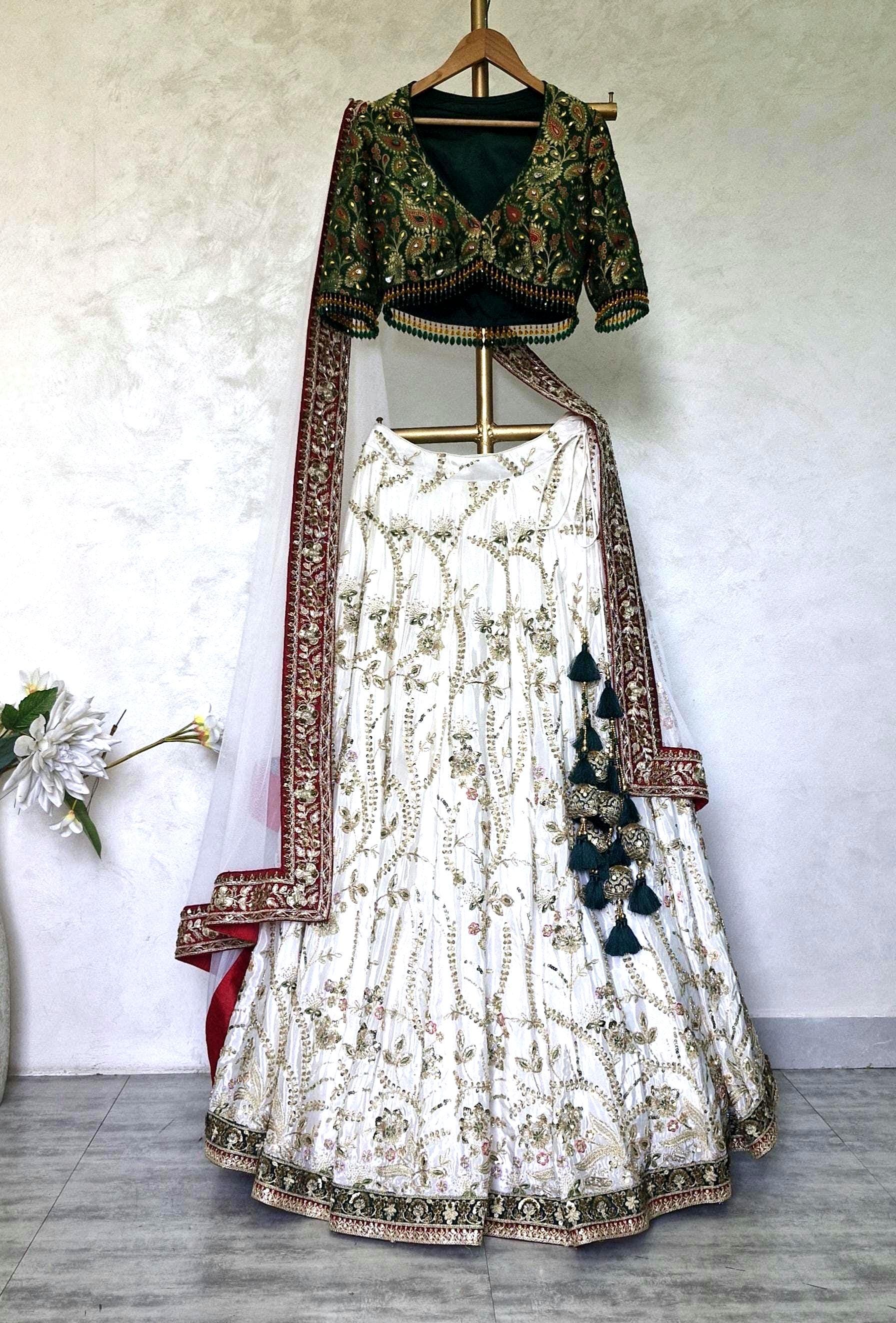 Embroidered Ivory and Green Crepe Silk Lehenga Choli - Mehedi Lehenga DVMTD_0295