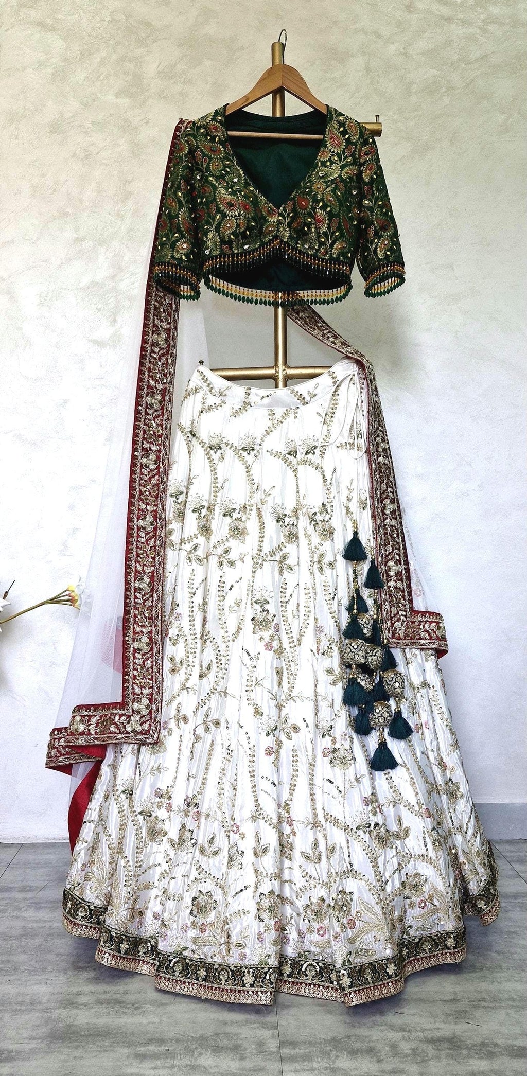 Embroidered Ivory and Green Crepe Silk Lehenga Choli - Mehedi Lehenga DVMTD_0295