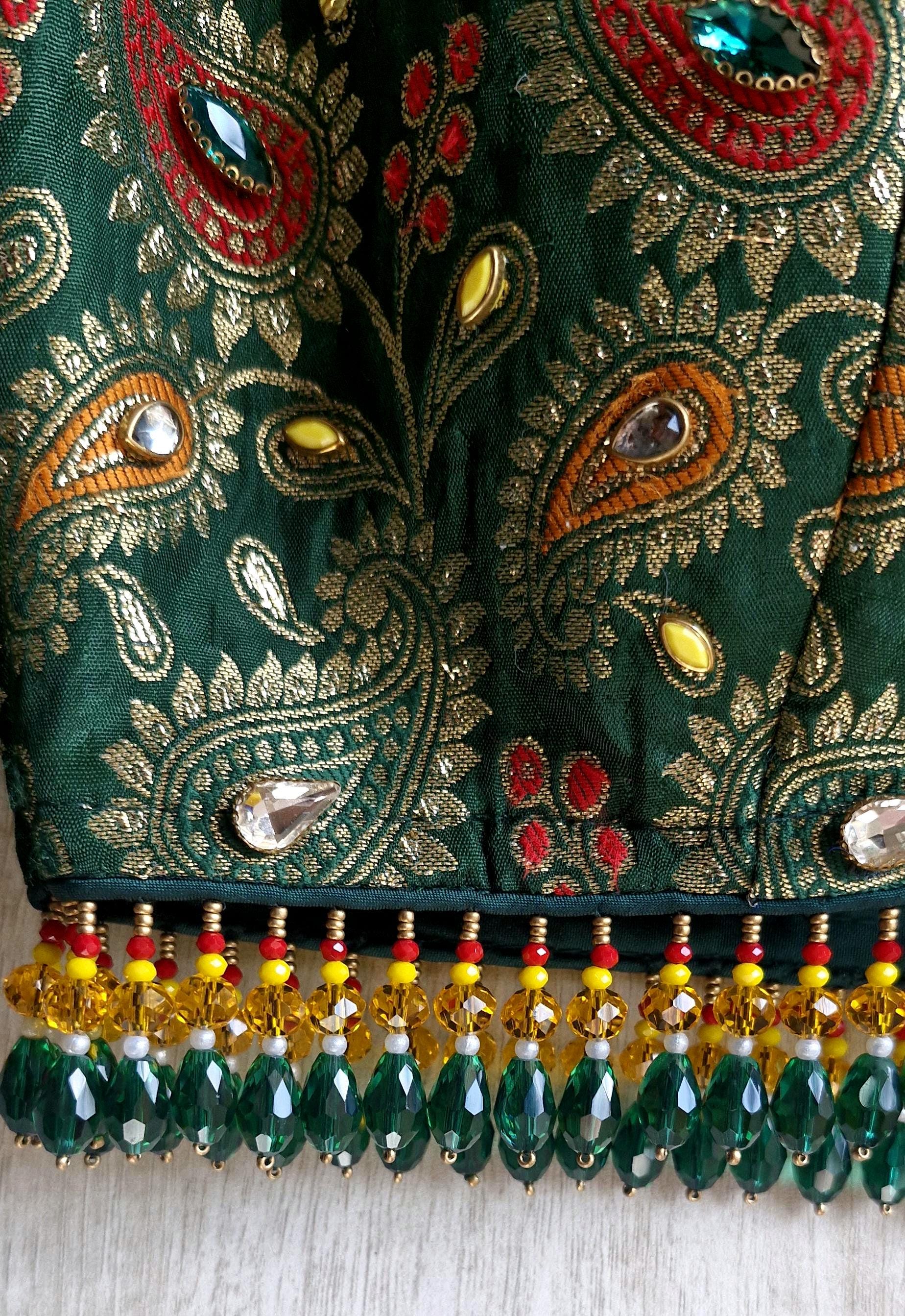 Green Brocade Saree Blouse, Deep V Neck, Kundan Embellished, Beads Fringes DVBL_505